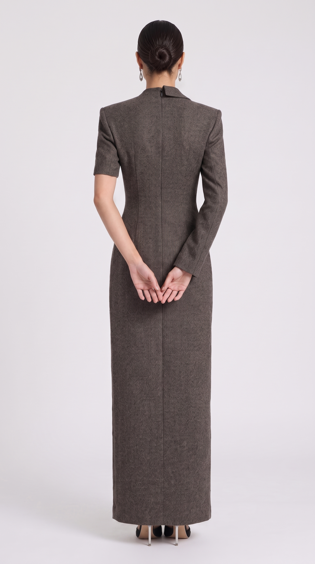 Melina – Asymmetric Tailored Blazer Gown with Lace Inset Brown