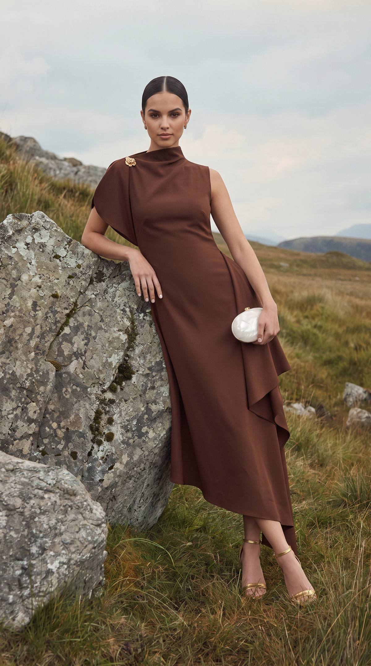 Selene – Asymmetric Draped Handkerchief Midi Dress Brown
