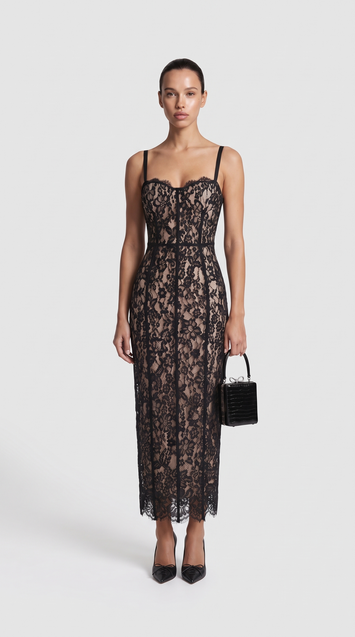 Lotri - Paneled Floral Lace Bustier Midi Dress Black