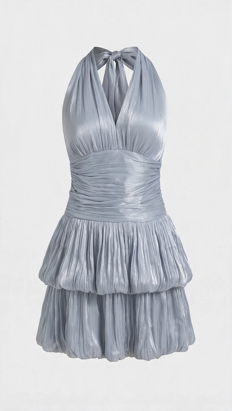 Sari – Metallic gerafftes Neckholder-Mini-Blasenkleid