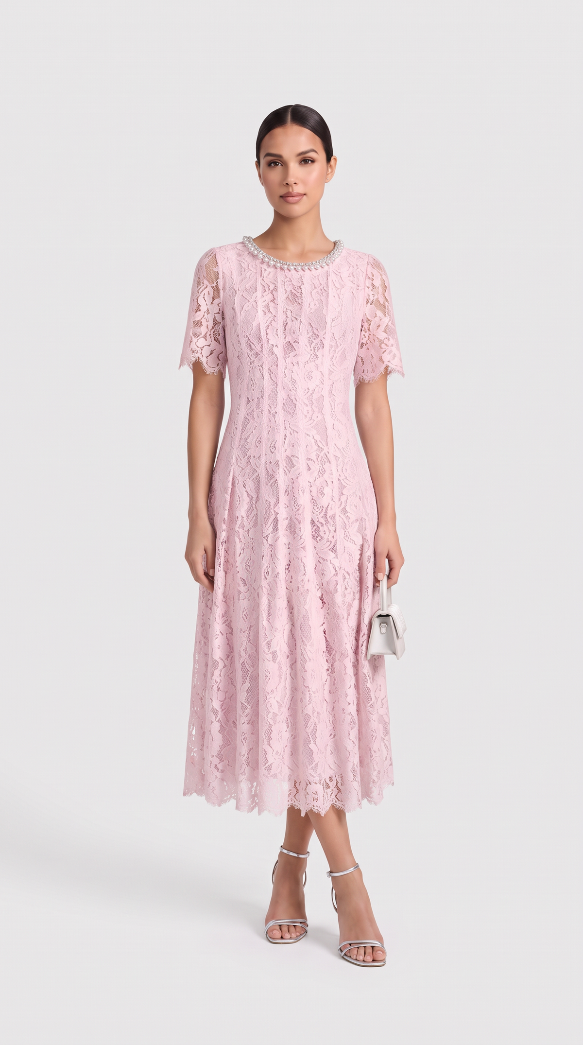 Agave - Pearl Collar Sequined Lace A-Line Midi Dress Pink