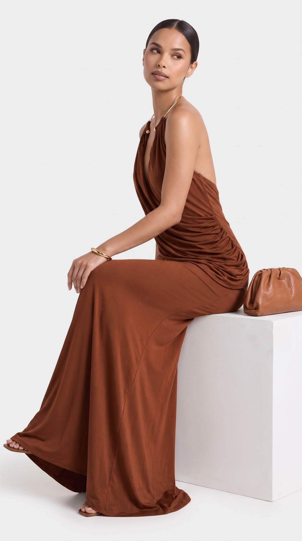 Ambra - Metallic Choker Draped Open-Back Maxi Dress Brown