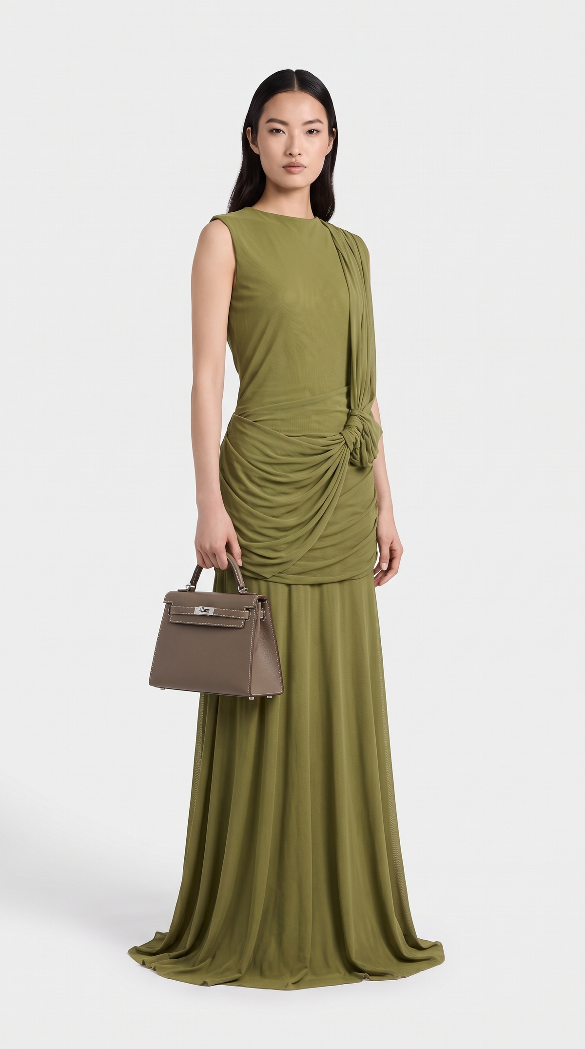 Vento - Draped Cowl Asymmetric Open-Back Maxi Dress Green