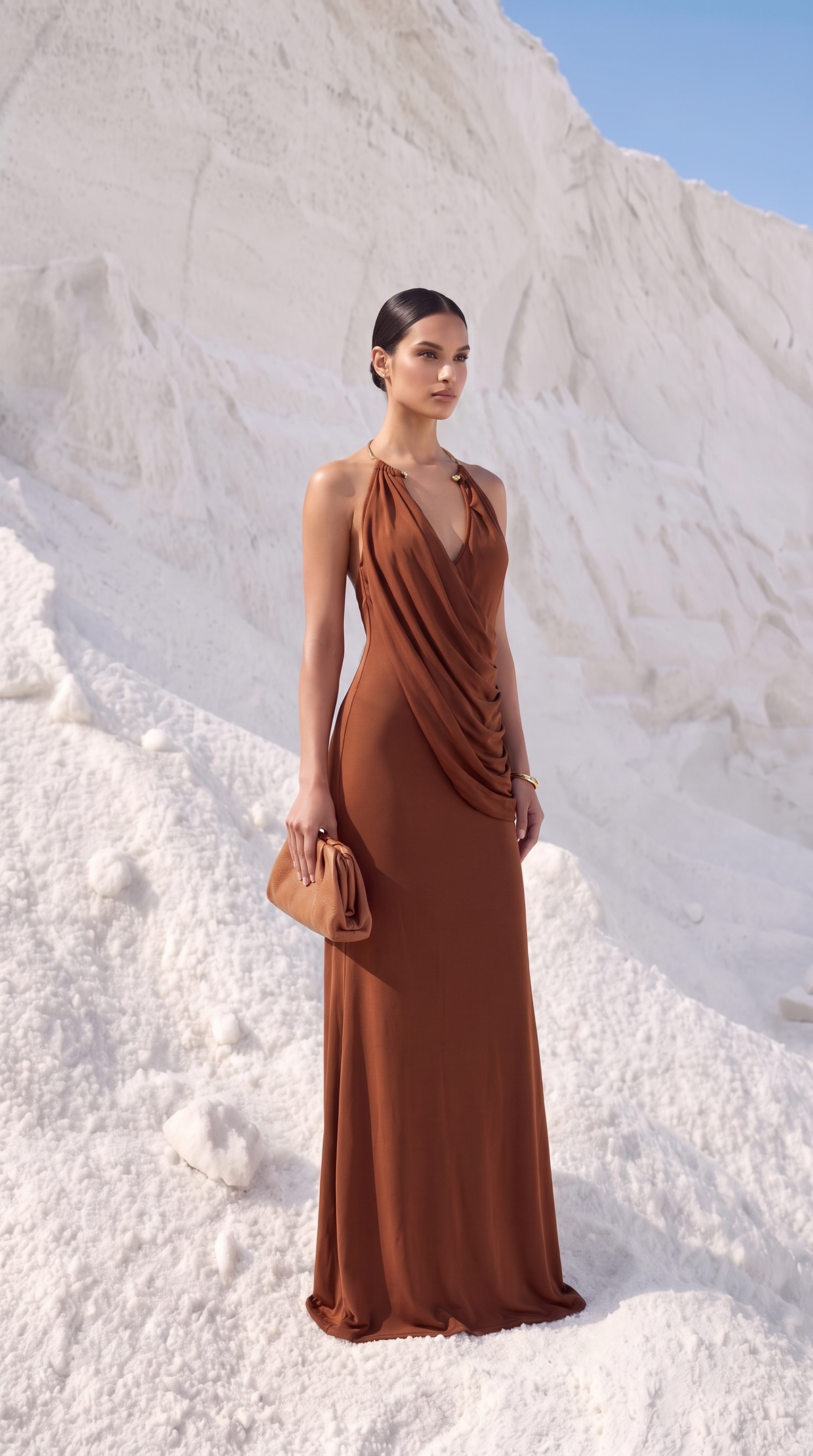 Ambra - Metallic Choker Draped Open-Back Maxi Dress Brown