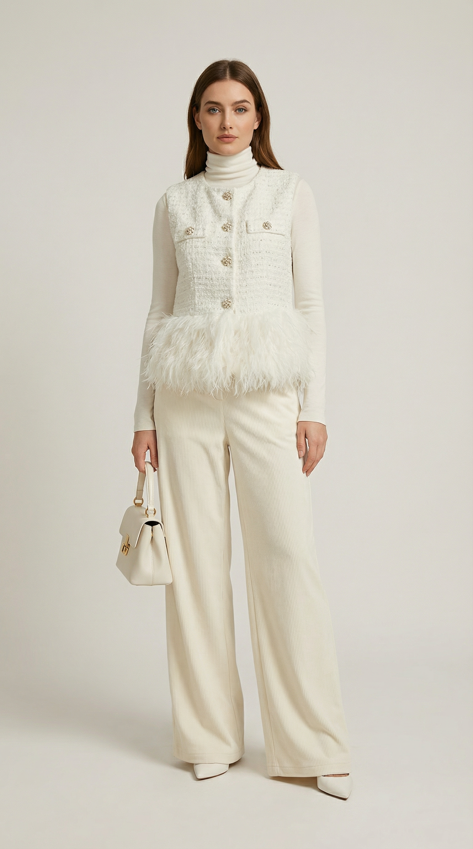 Eliora - Gilet Caldo Stile Bianco con Collo Tondo