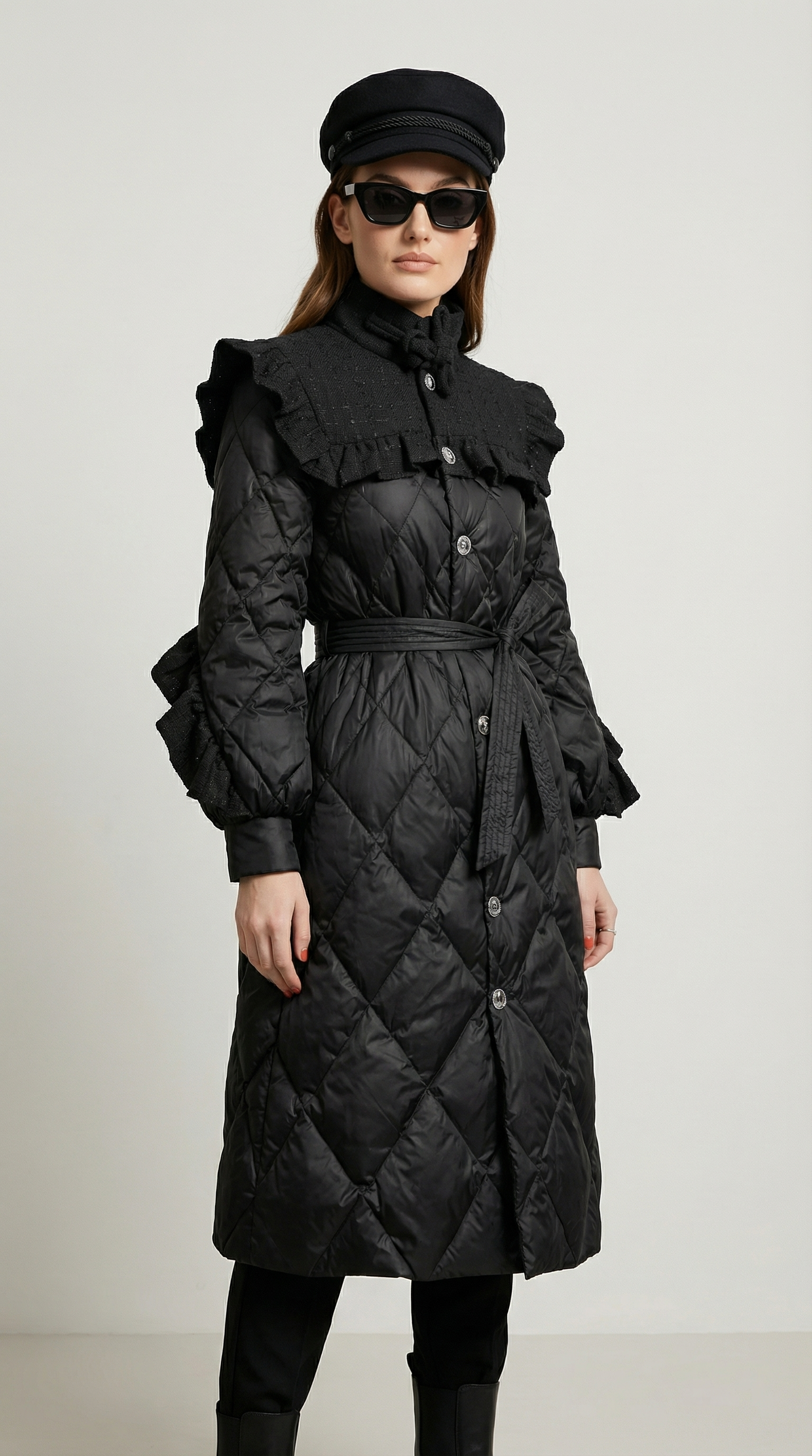 Ophira - Cappotto Imbottito Trapuntato a Diamante con Spalla Superiore in Tessuto Tweed