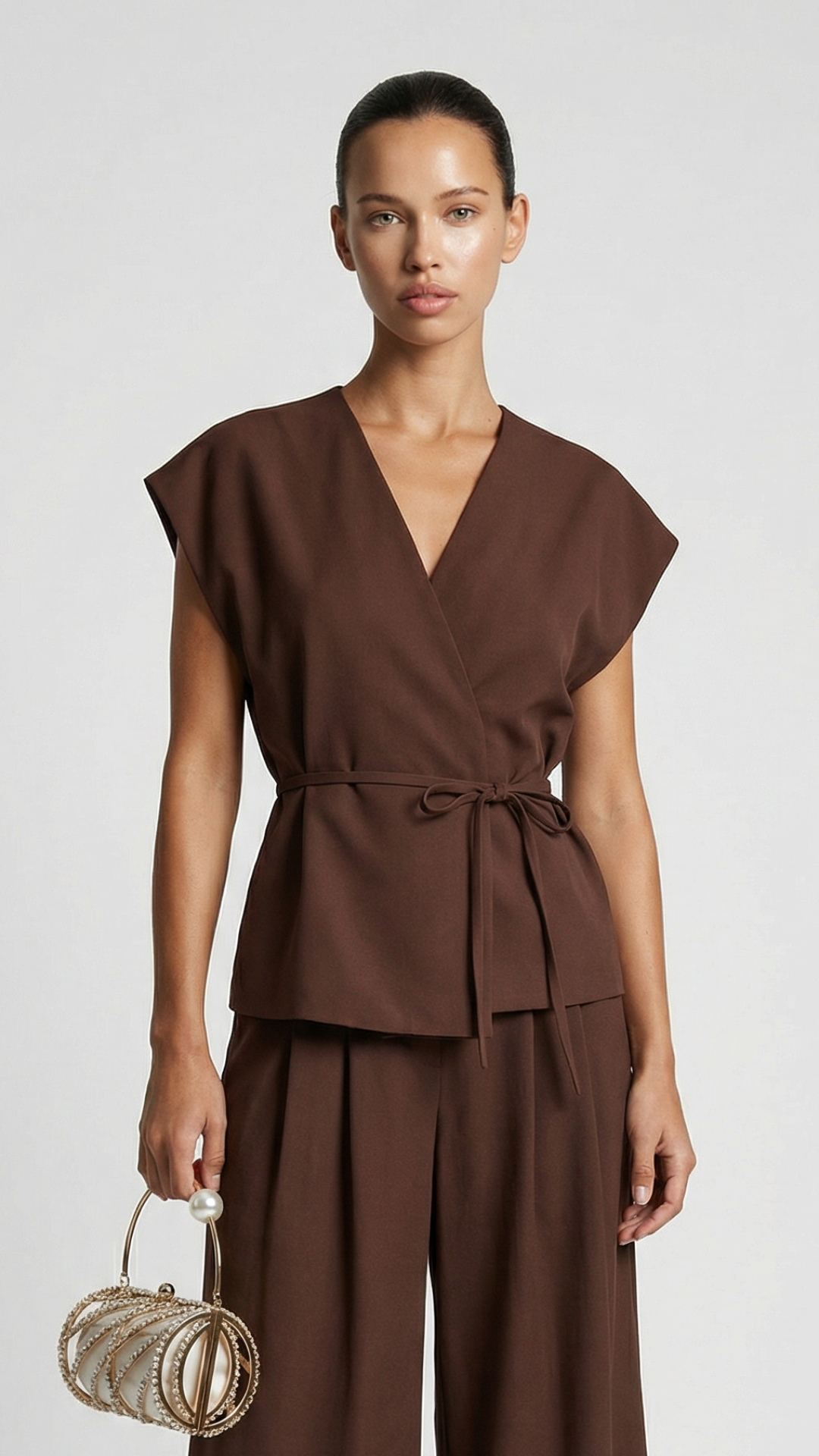 Epure - Top sin mangas con cinturón y cuello en V marrón 