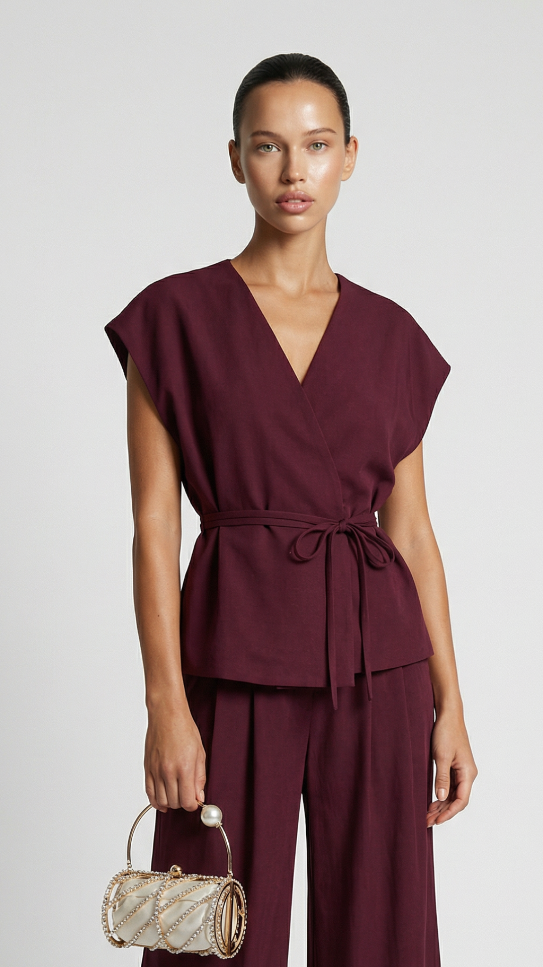 Epure - Top senza maniche con scollo a V e cintura bordeaux