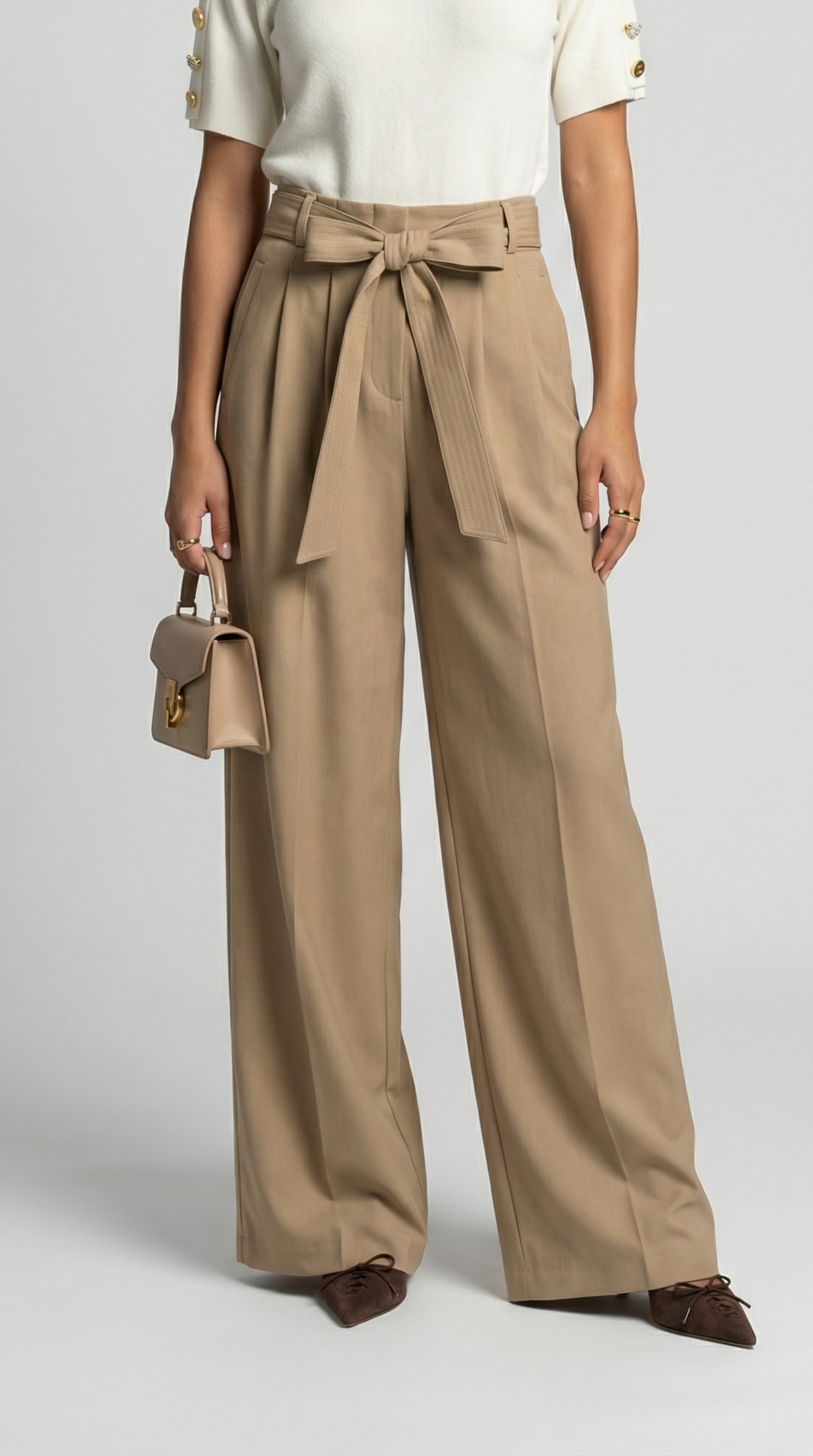 Nalo - Pantaloni a gamba larga plissettati con cinturino beige
