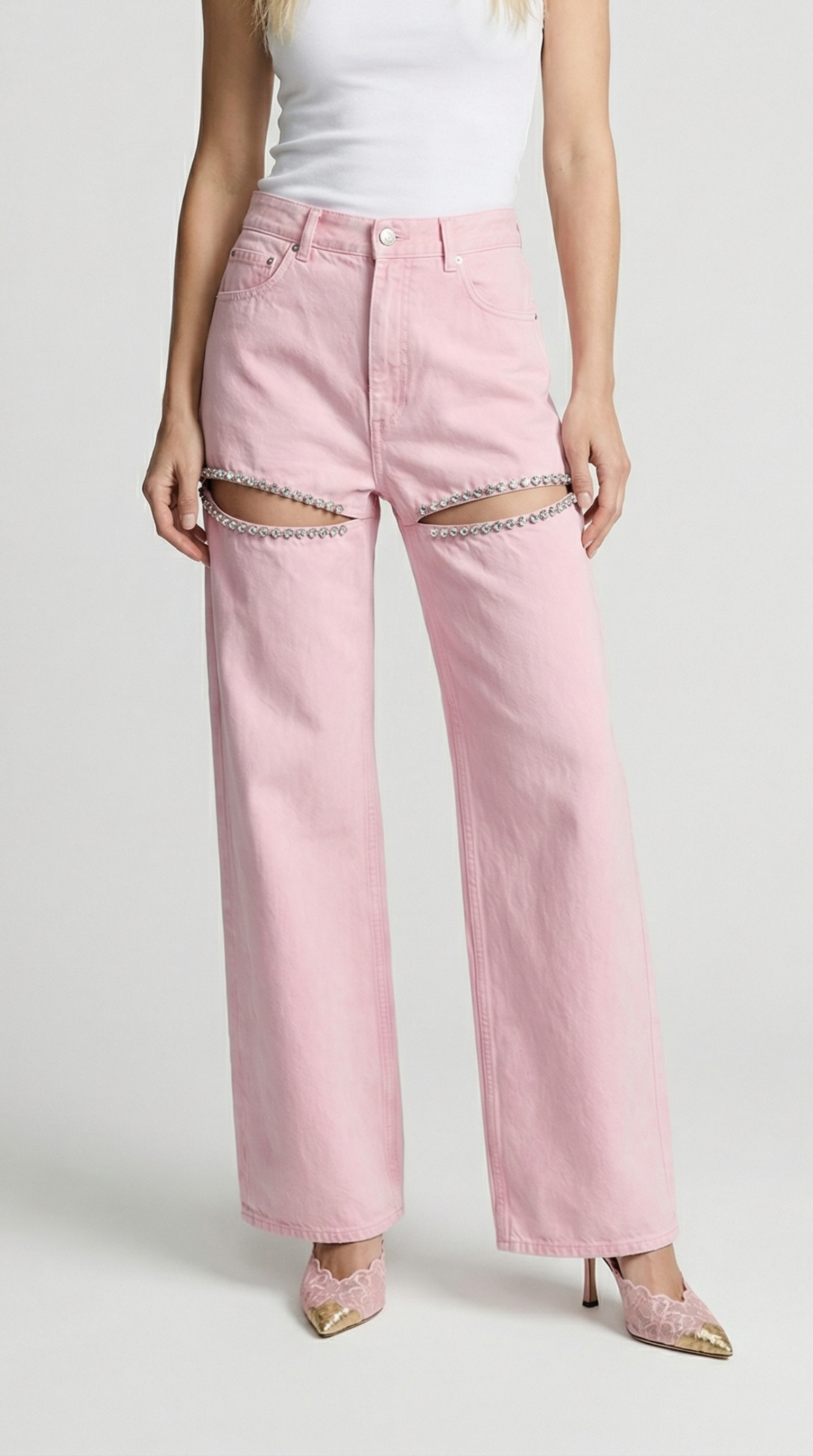 Suri - Jeans in denim di cotone a gamba larga con inserti a diamante