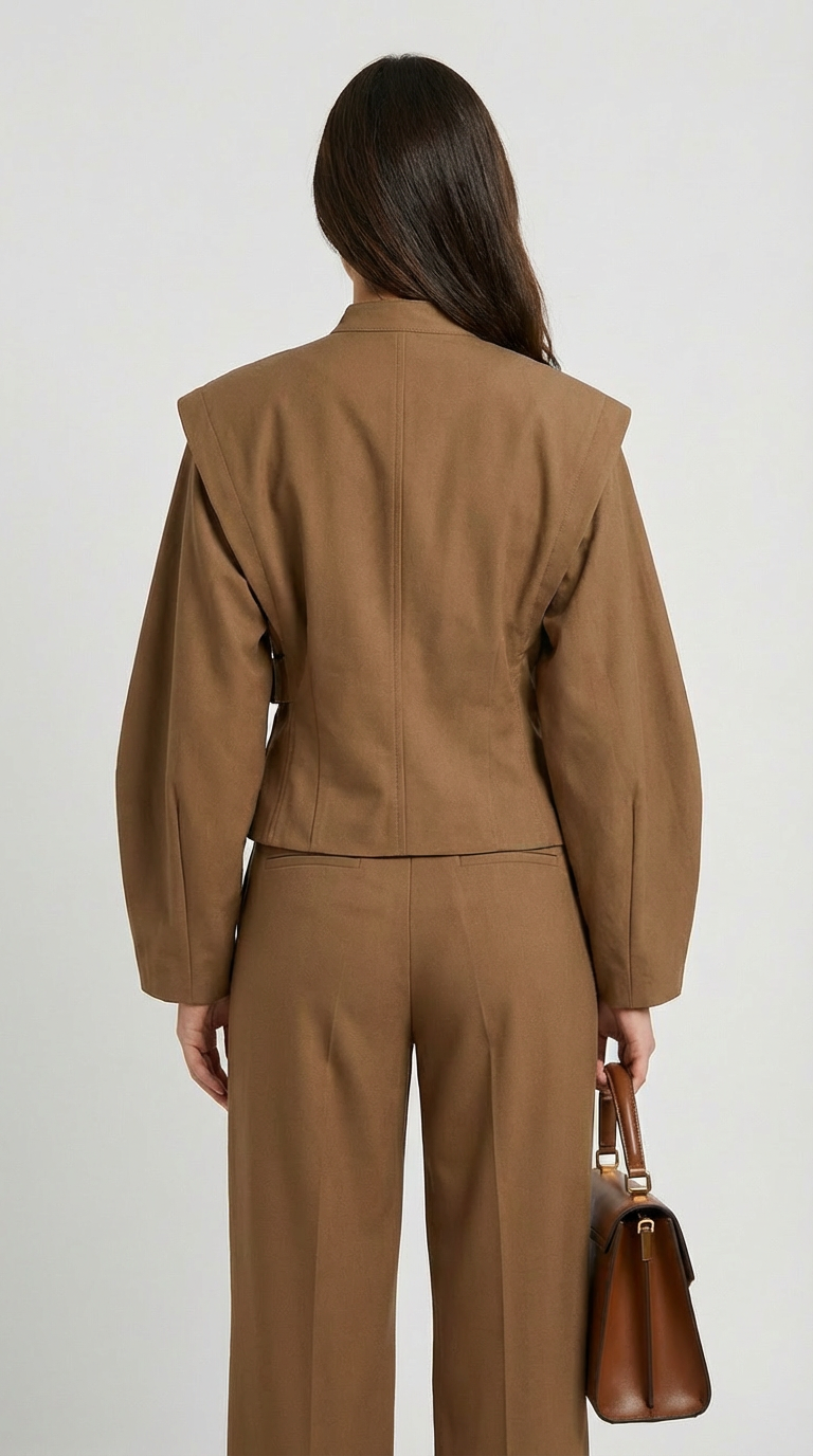 Maravel - Chaqueta cruzada esculpida con cuello alto y abrigo asimétrico marrón
