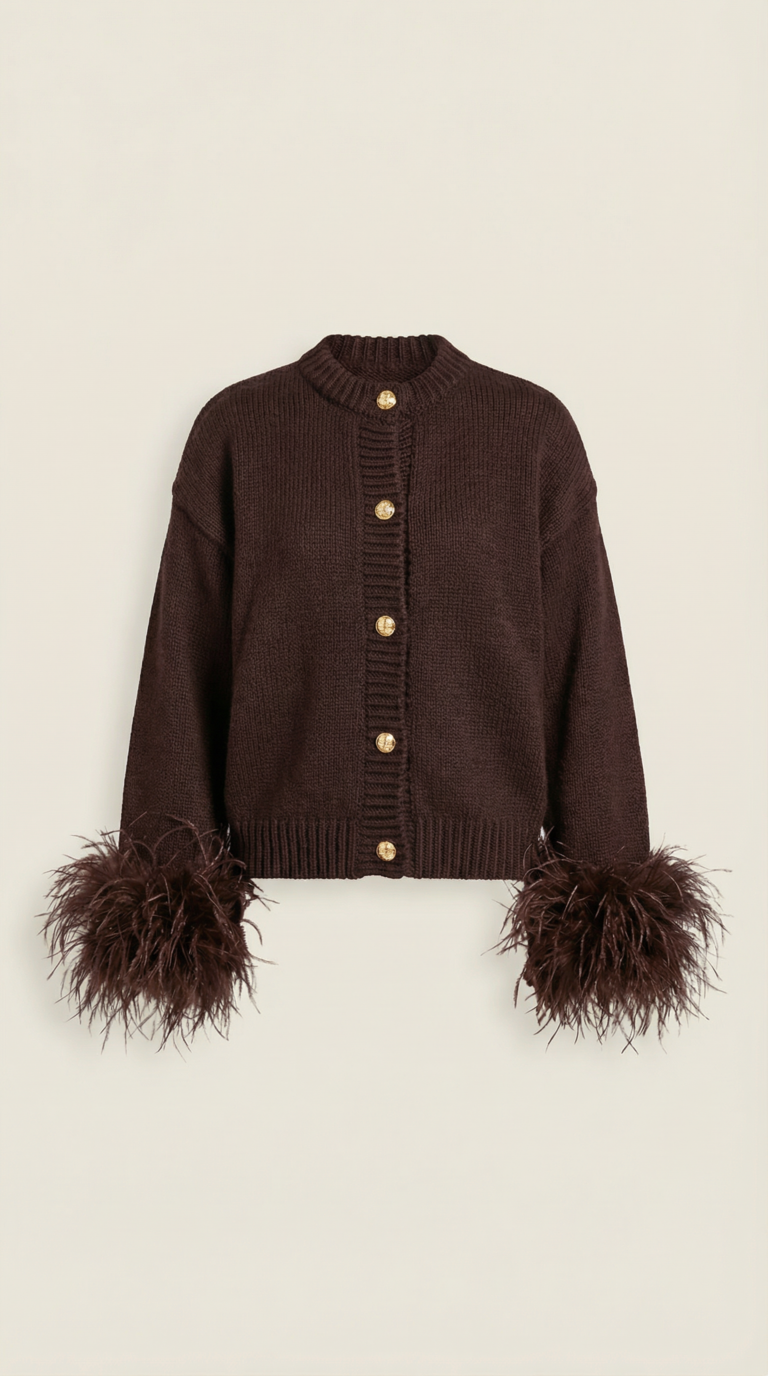 Lune - Cardigan en maille de coton à finitions en plumes Marron foncé