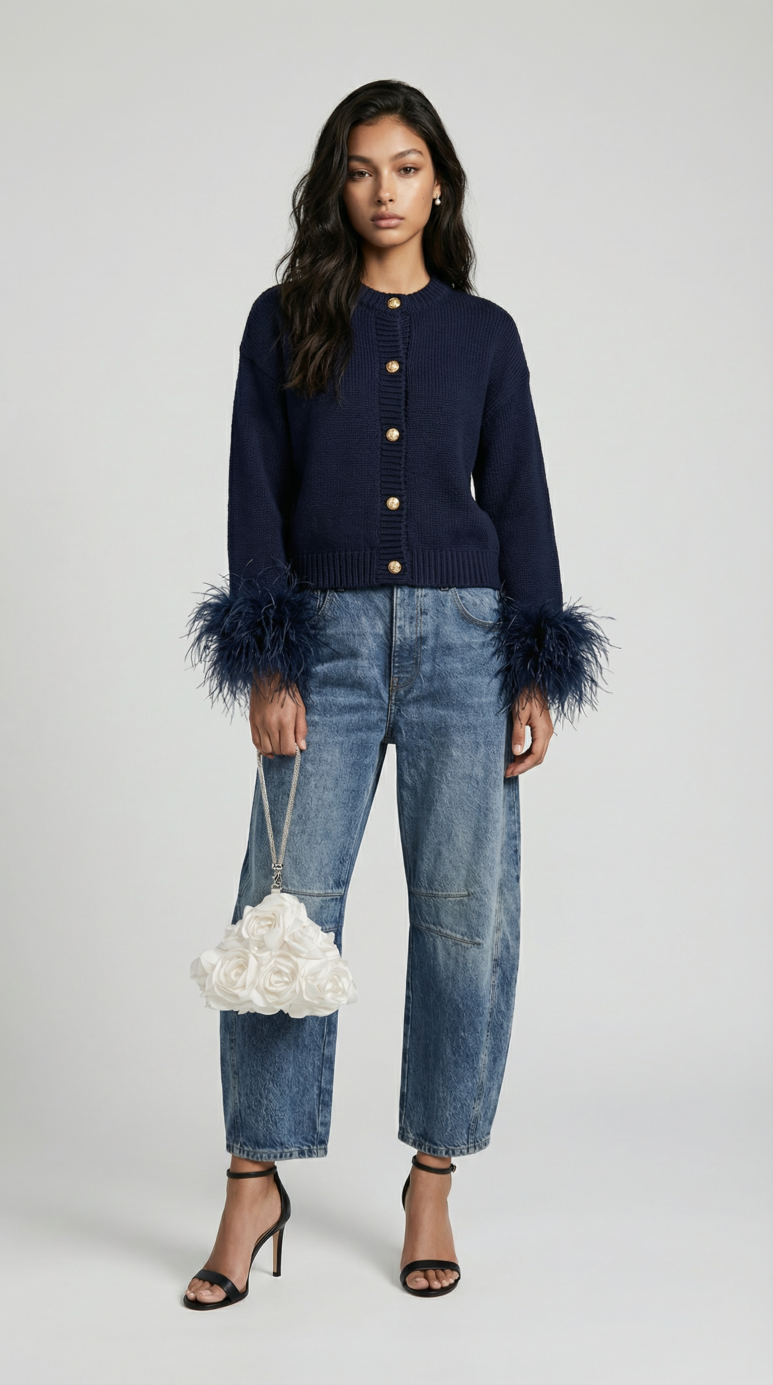 Lune - Cardigan in cotone con piume blu scuro