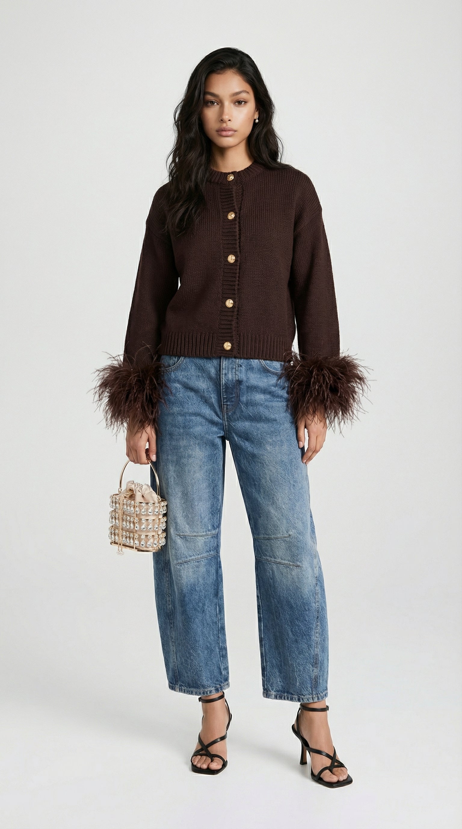 Lune - Cardigan in cotone con piume marrone scuro