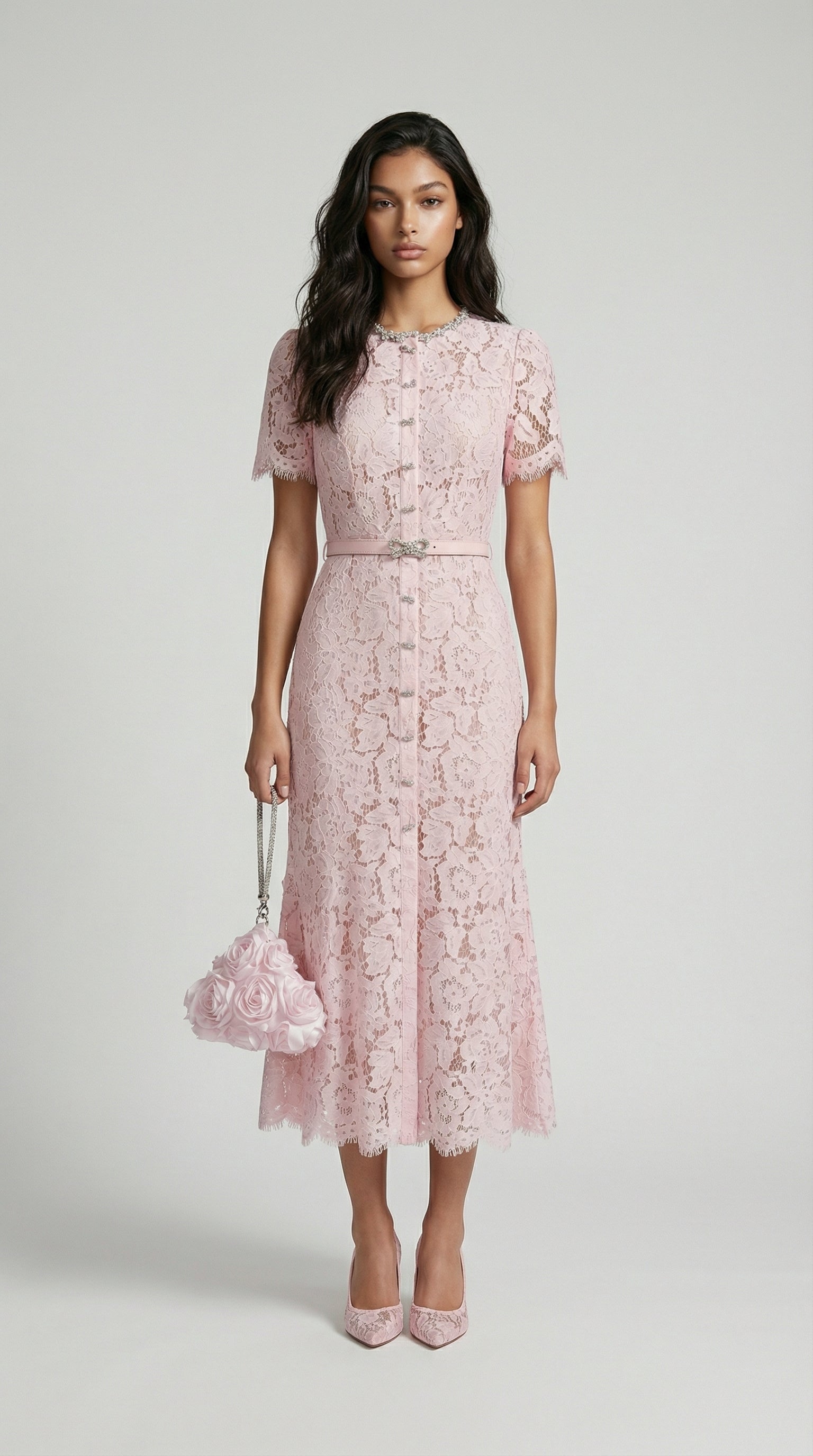 نوري - فستان سهرة أنيق بديل دانتيل وردي بذيل سمكة