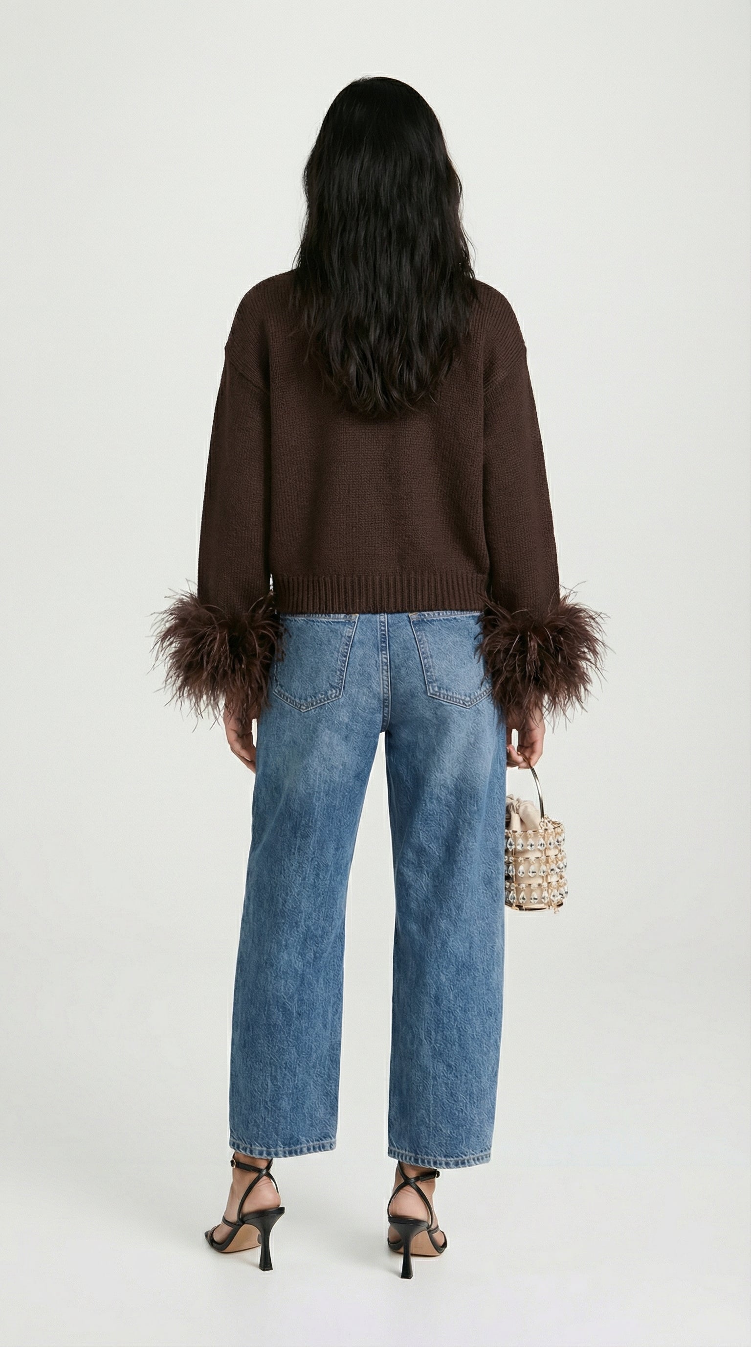 Lune - Cardigan en maille de coton à finitions en plumes Marron foncé