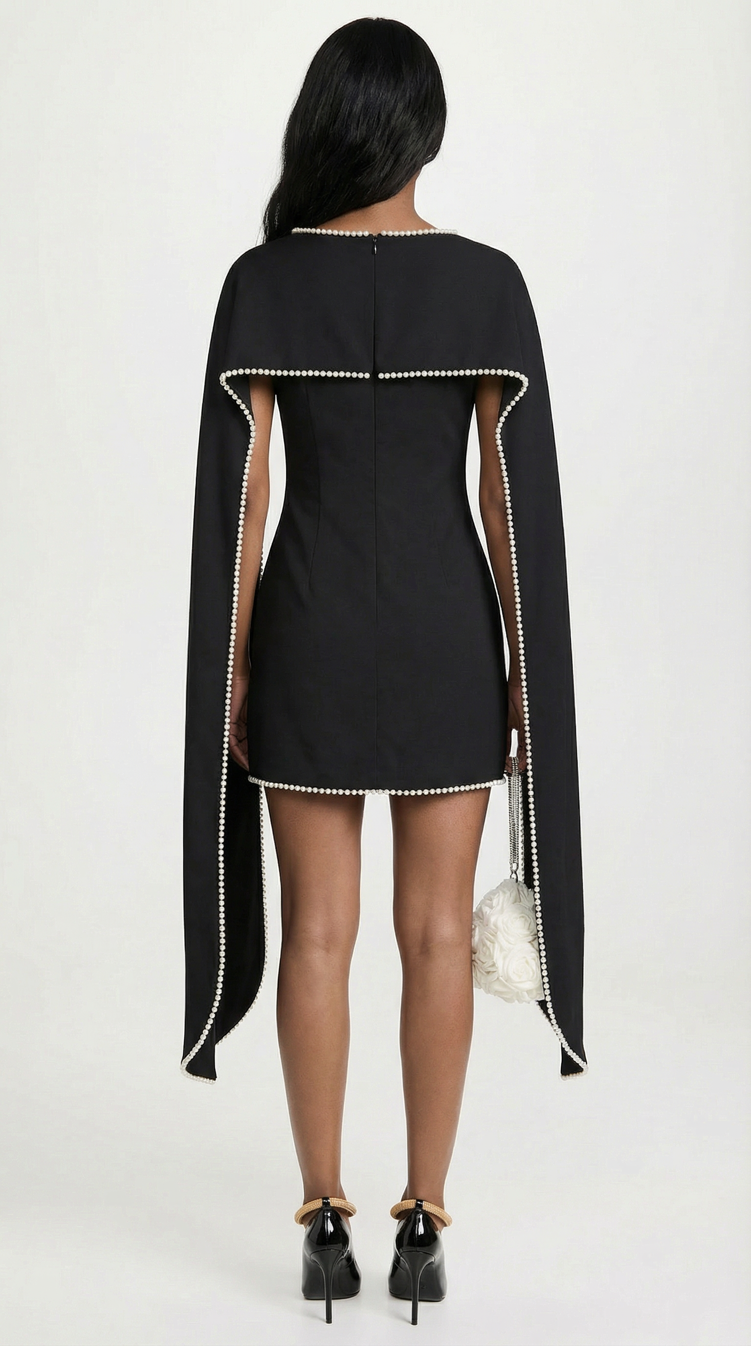Pure - Pearl-Trimmed Minimalist Cape Dress