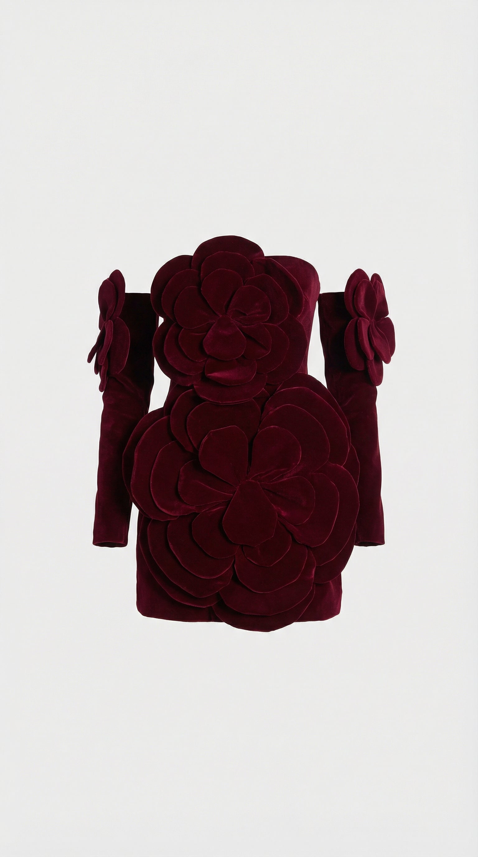 Solea - 3D Sculptural Velvet Floral Gown & Gloves Set Red