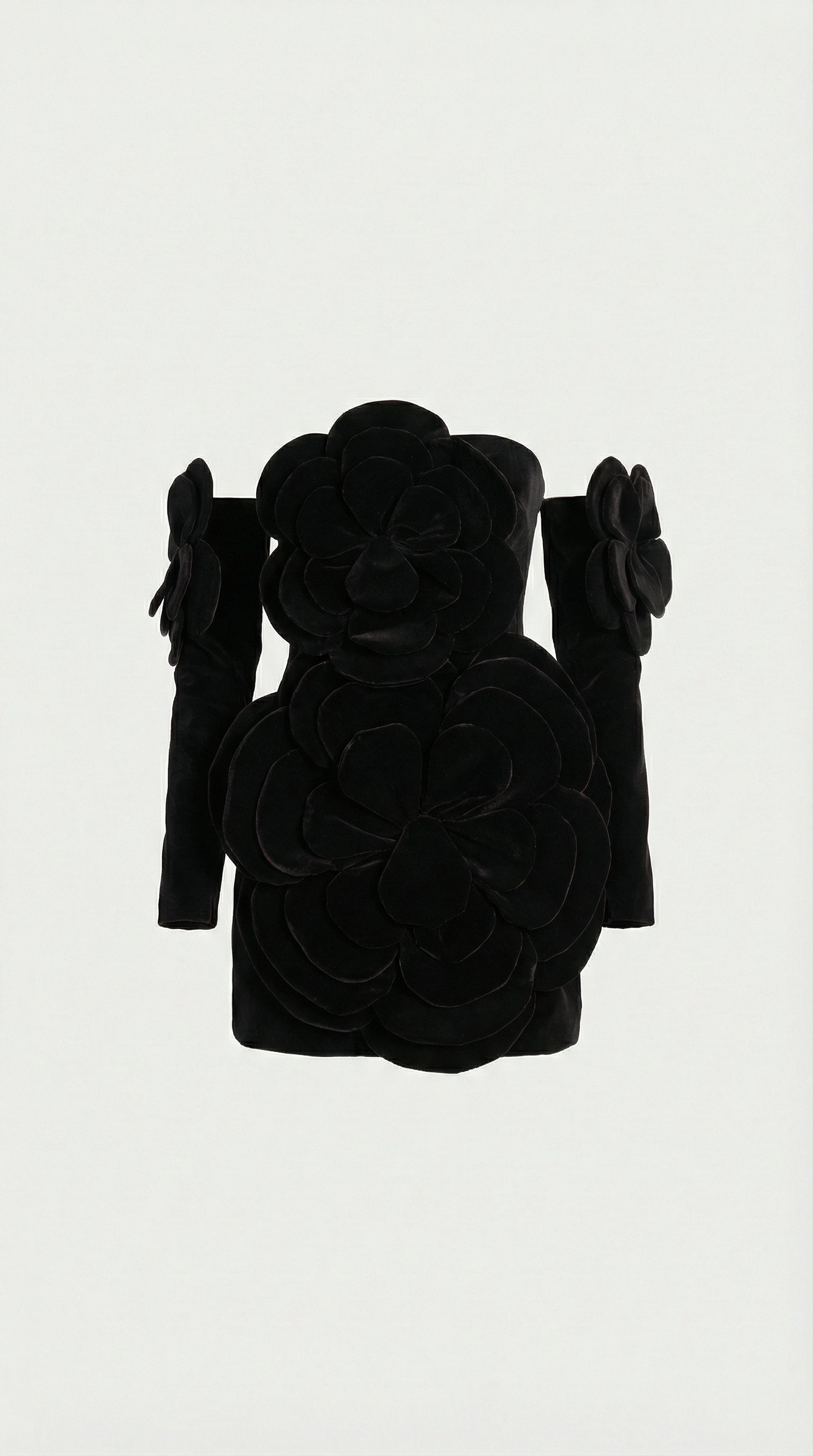 Solea - 3D Sculptural Velvet Floral Gown & Gloves Set Black
