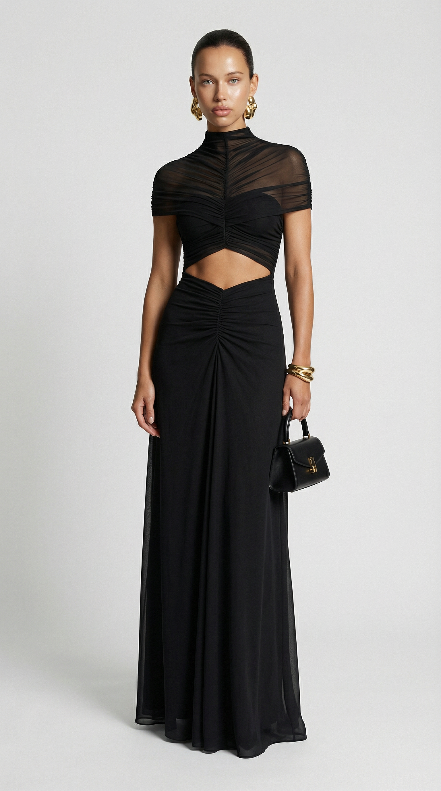 Aurea - Rüschendrapiertes unregelmäßiges Mesh-Cut-Out Maxi-Kleid Schwarz