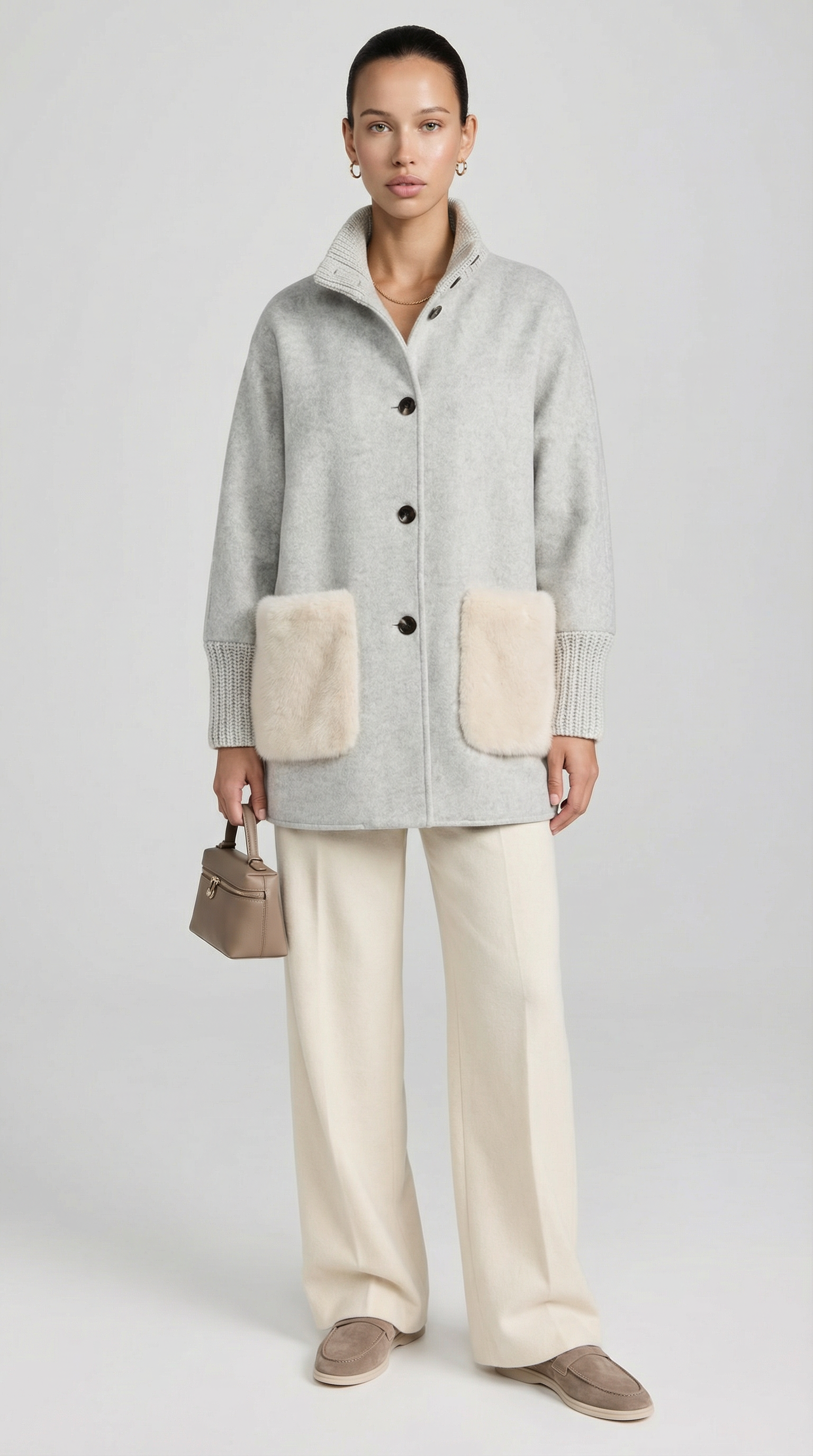 Seriss - Maglione Lavorato a Maglia Larga con Collo Alto Argento