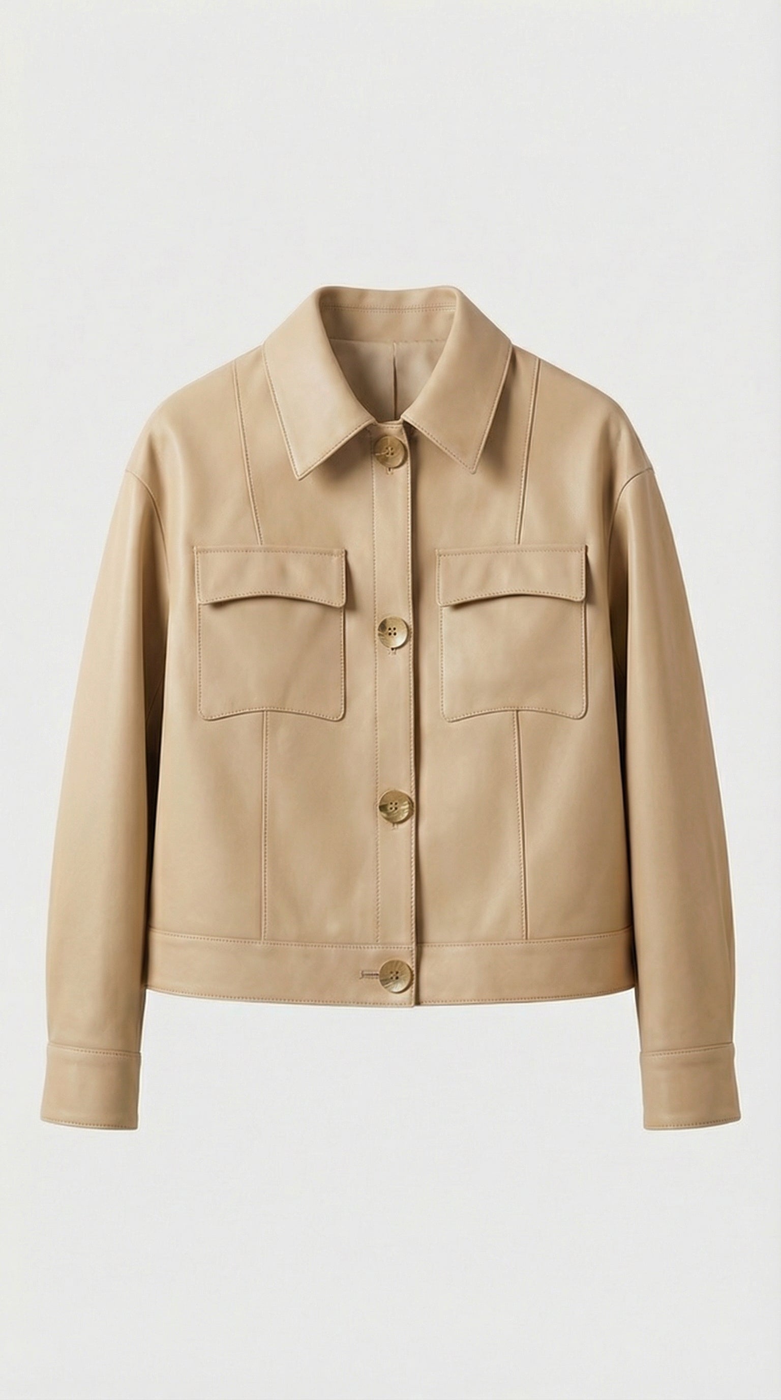 Cela - Quadratischer Kragen Echtleder Kurze Jacke Beige