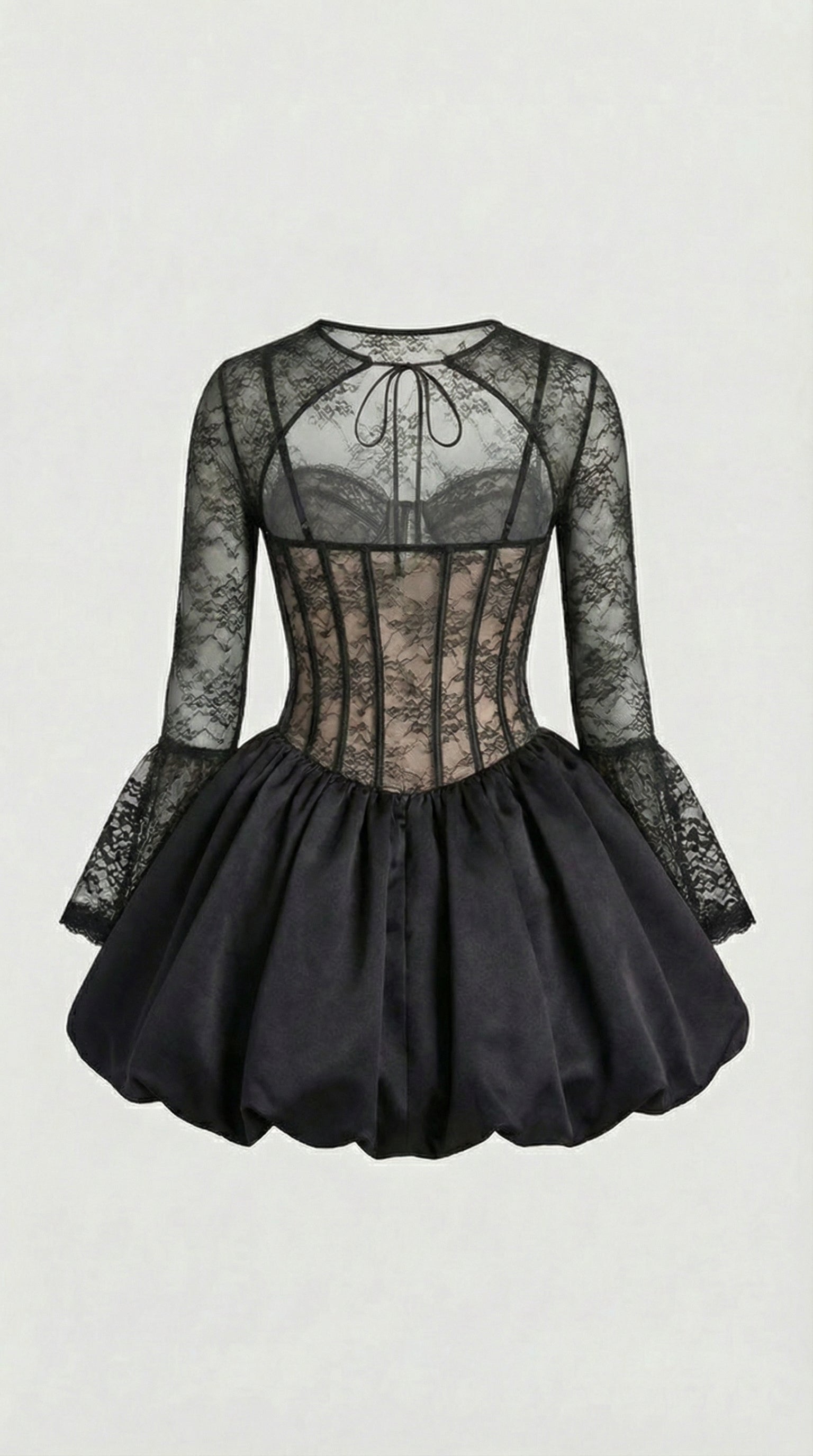 Risa - Black Lace Puffball Mini Dress