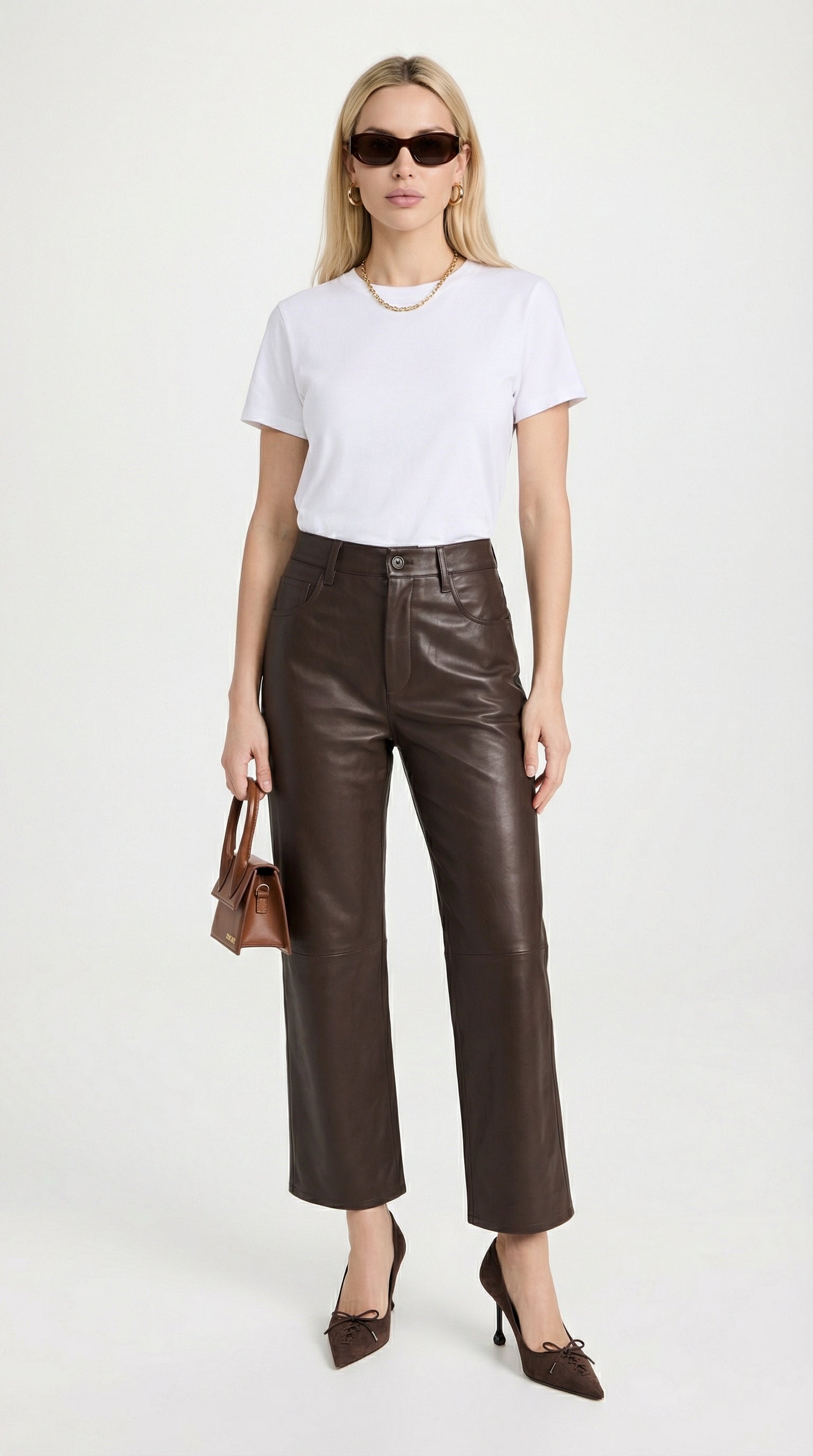 Lira - Pantaloni Dritti a Vita Alta in Vera Pelle Taglio Corto Marrone