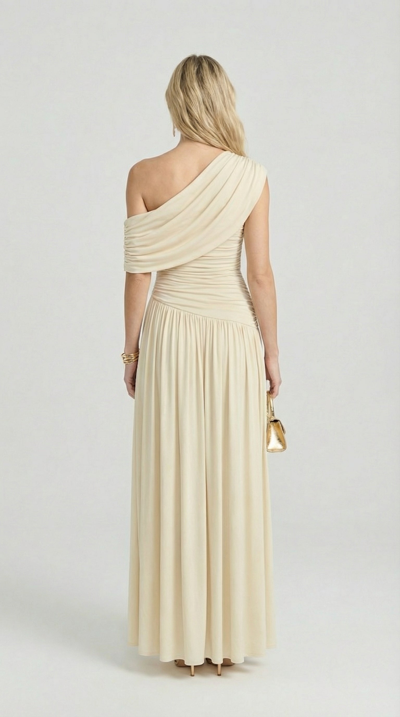 Leni - Abito Irregolare Plissettato con Colletto Diagonale Avorio