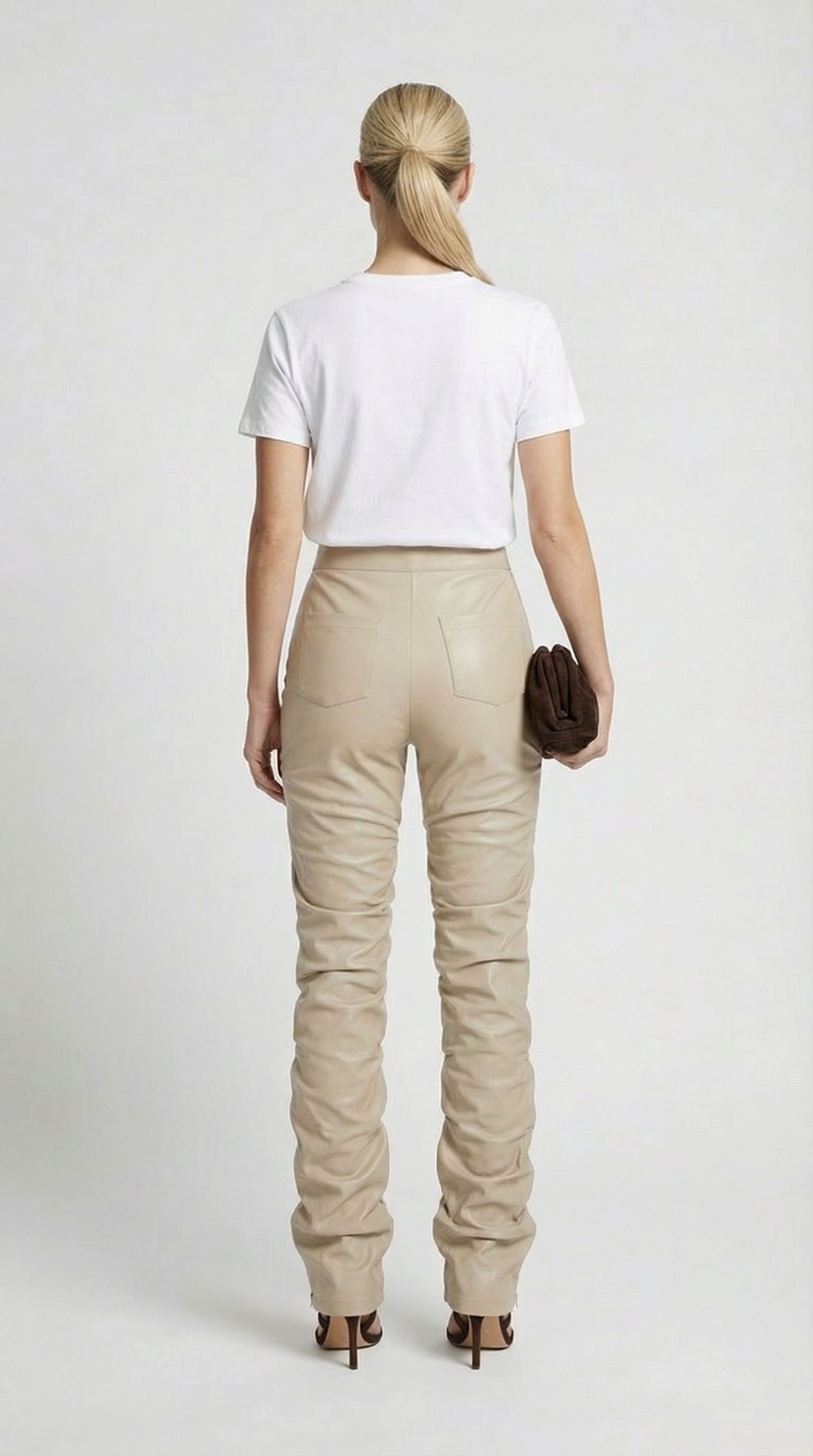 Aven - Pantaloni a Vita Alta in Pelle Vegana Impilata Avorio