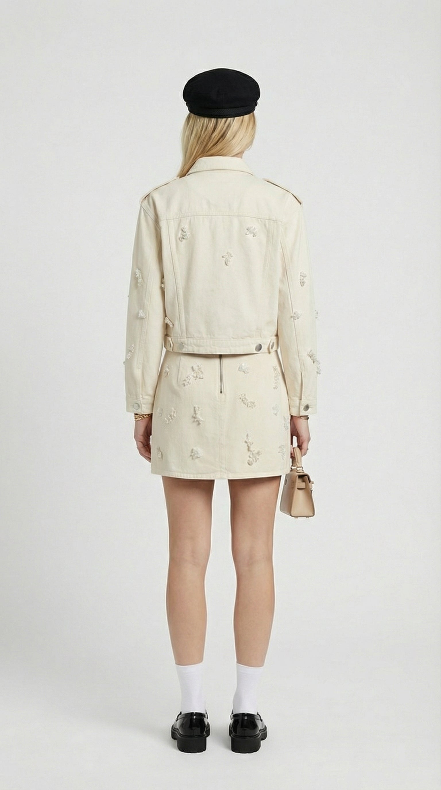 Nira - Completo in Cotone Denim Beige Decorato con Perline