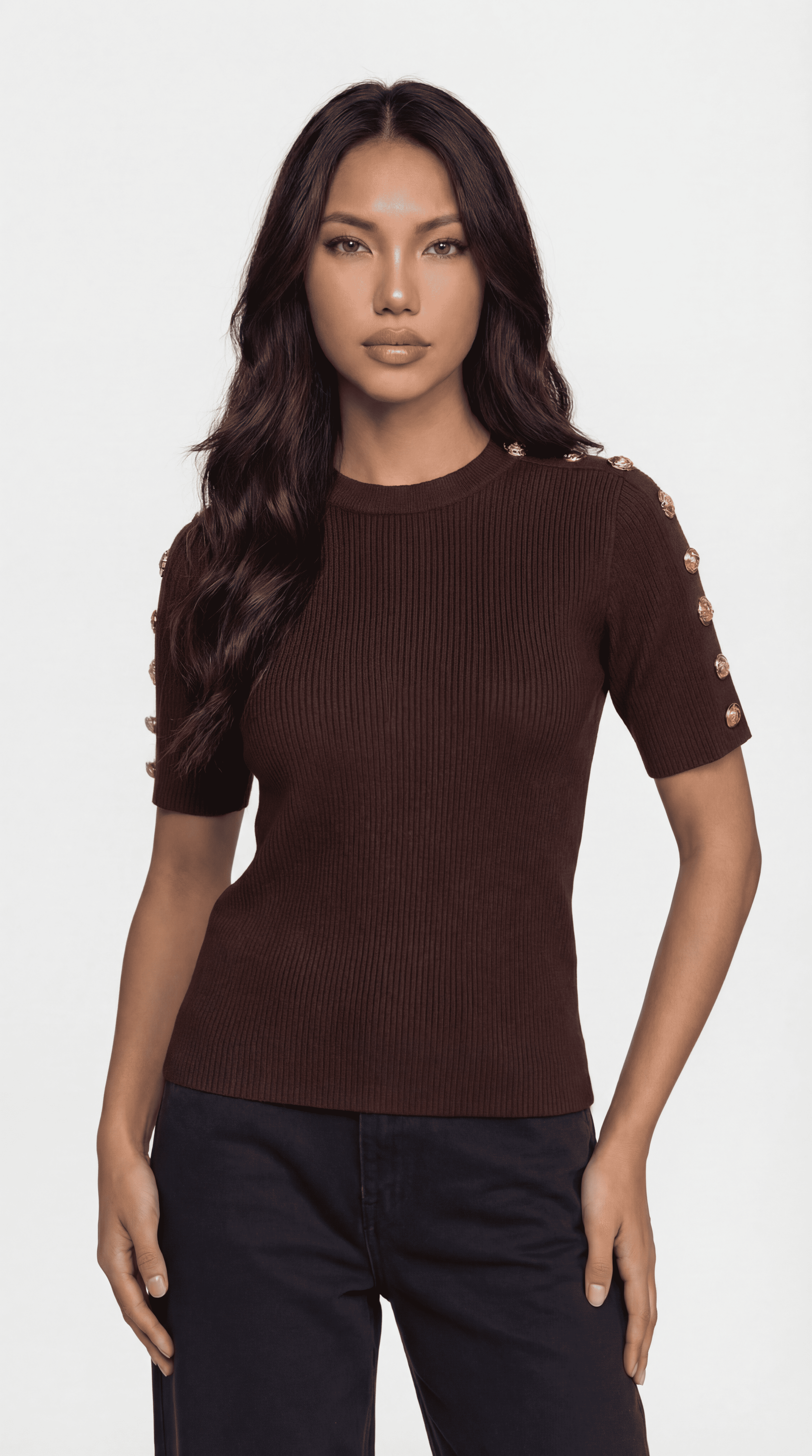 Avena - T-shirt in Cotone Lavorata a Maglia con Fibbia Metallica Marrone