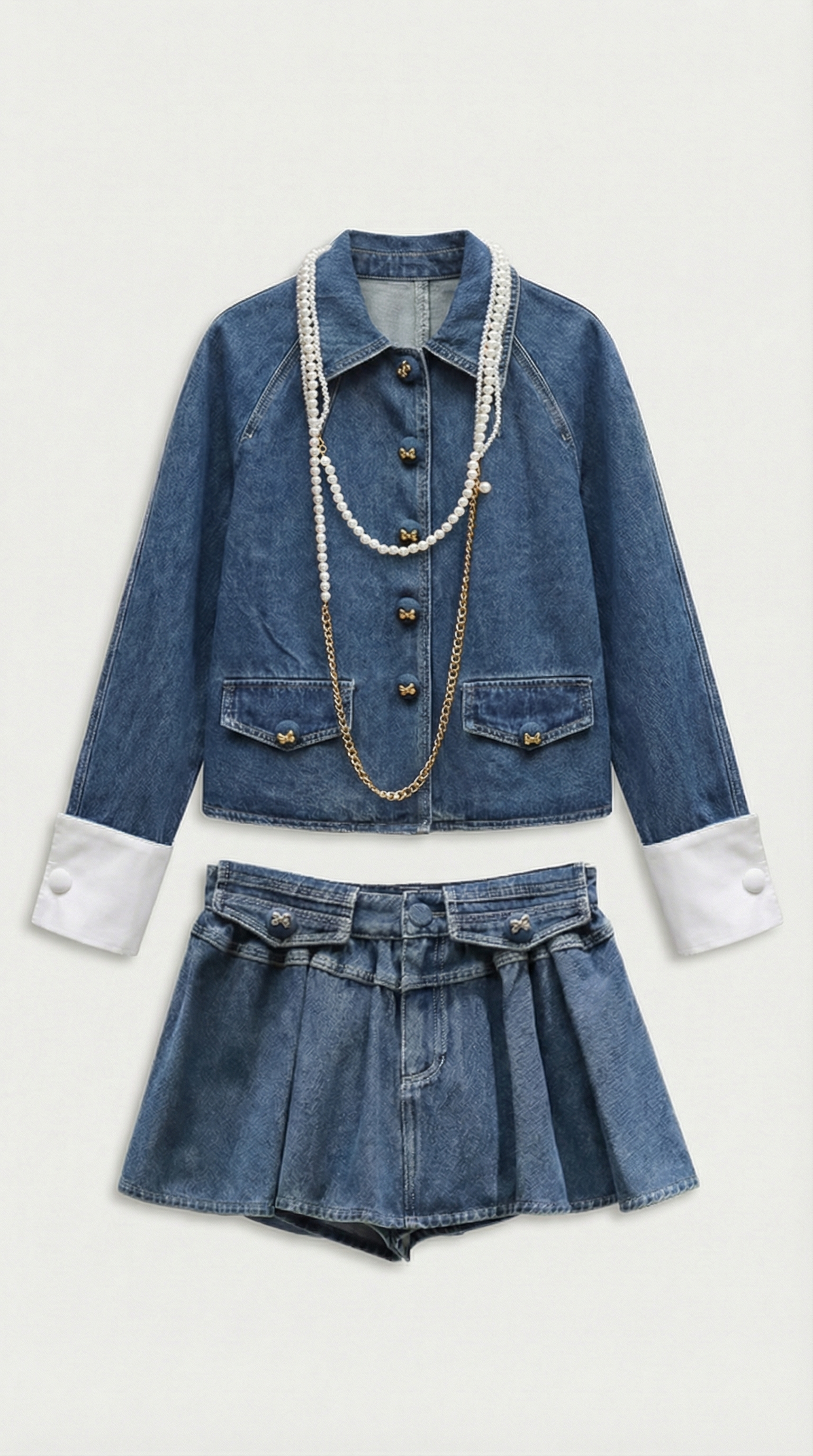 Oty - Contrast-Cuff Denim Jacket & Pleated Mini Skirt Set