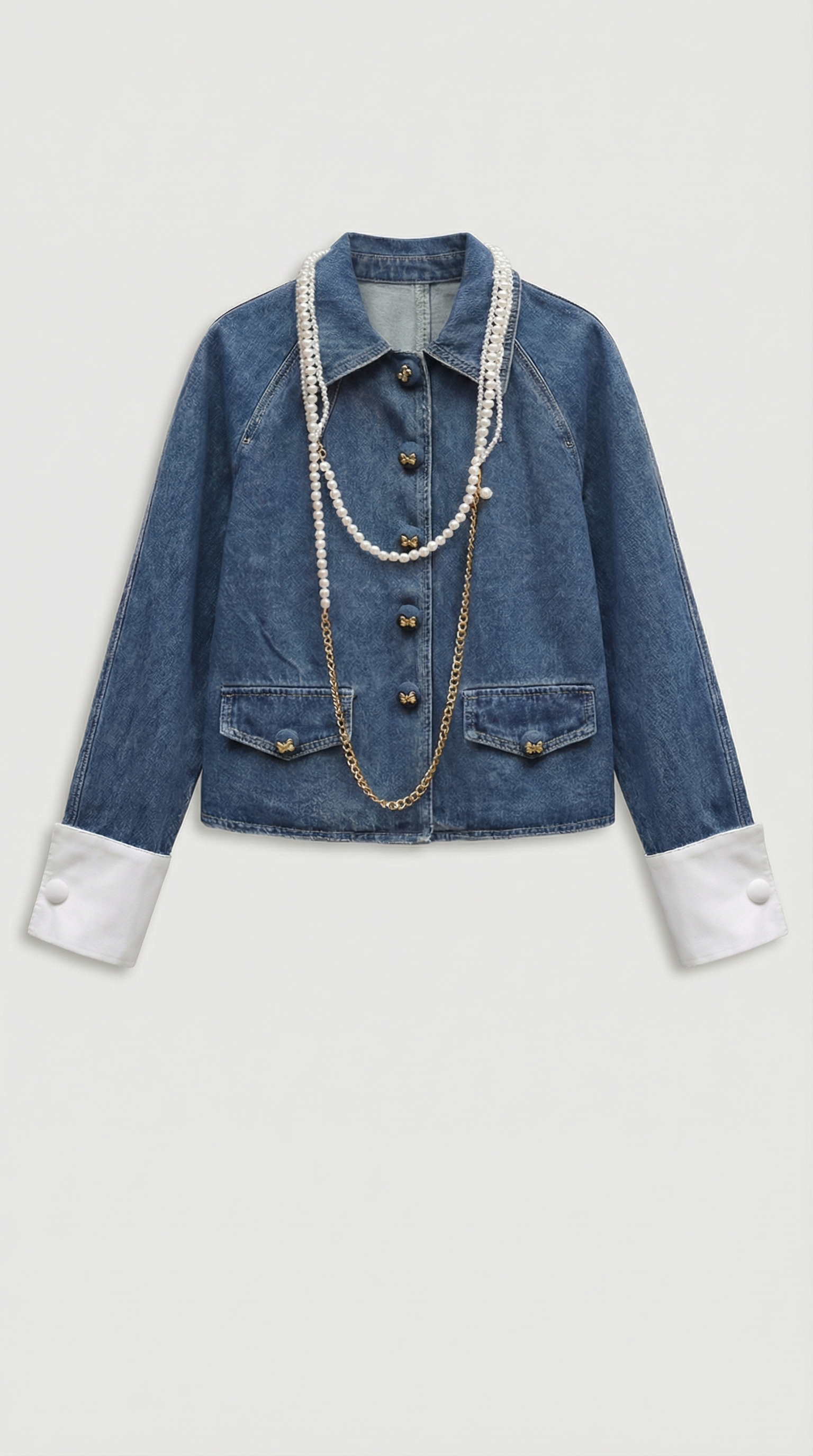 Oty - Contrast-Cuff Denim Jacket & Pleated Mini Skirt Set