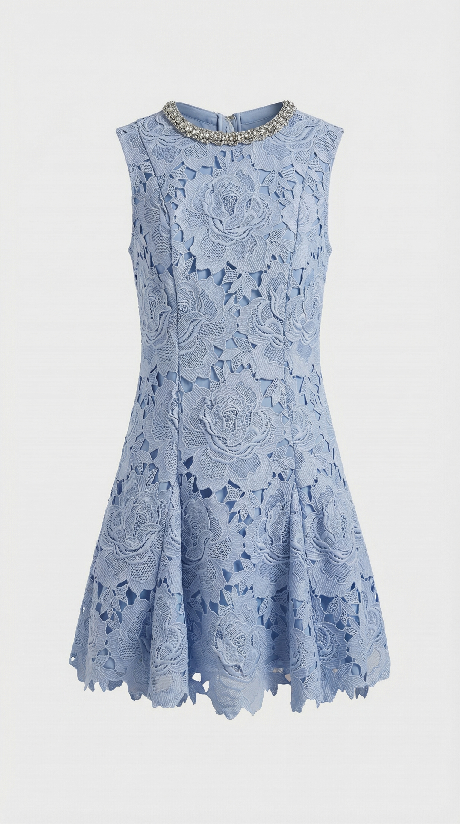 Asera - Crystal-Neckline Floral Guipure Lace Dress