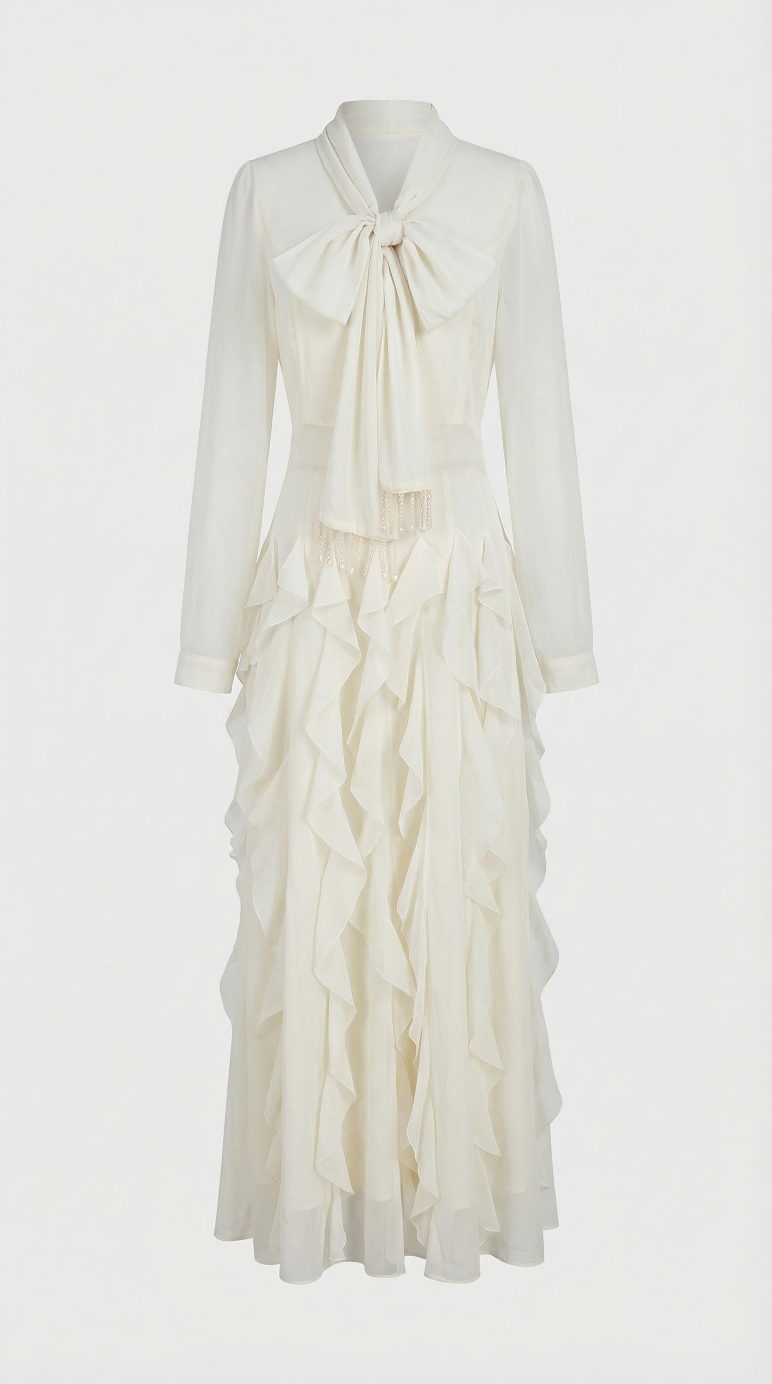 Zola - Robe longue à volants étagés et lavallière Blanc
