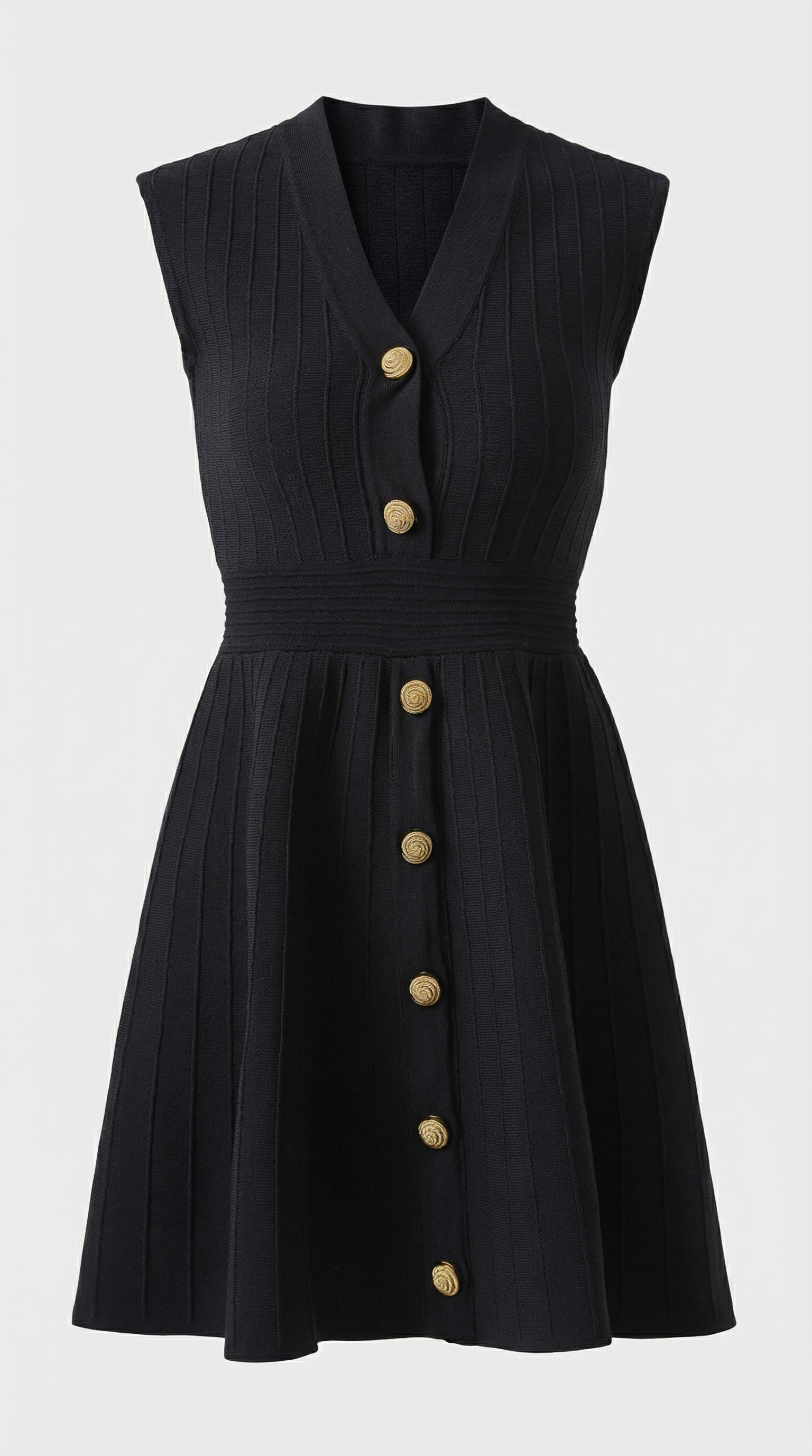 Mari - Ribbed Knit Button-Down Mini Dress Black
