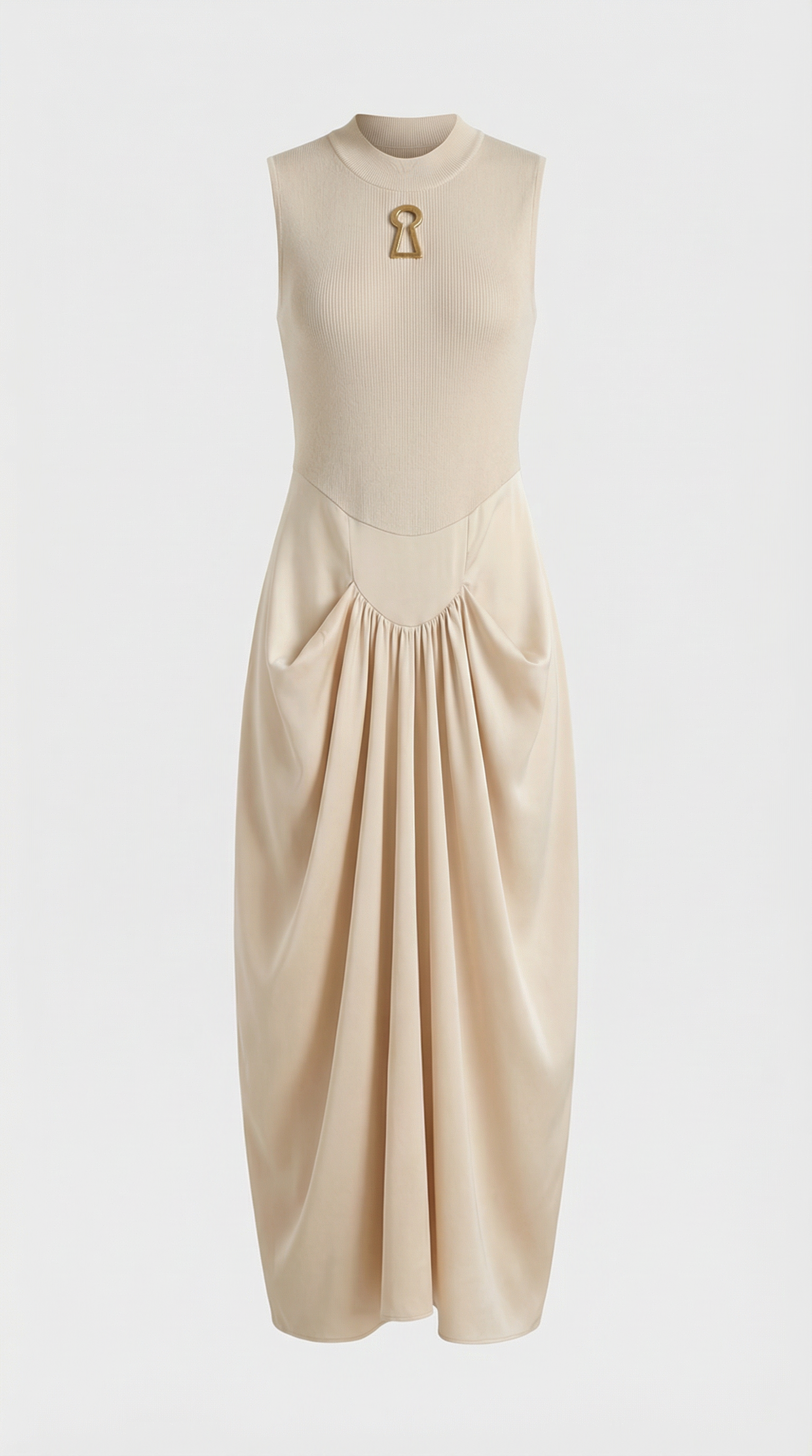 Alara - Schlüssel-Ausschnitt Mixed Media Maxikleid Beige