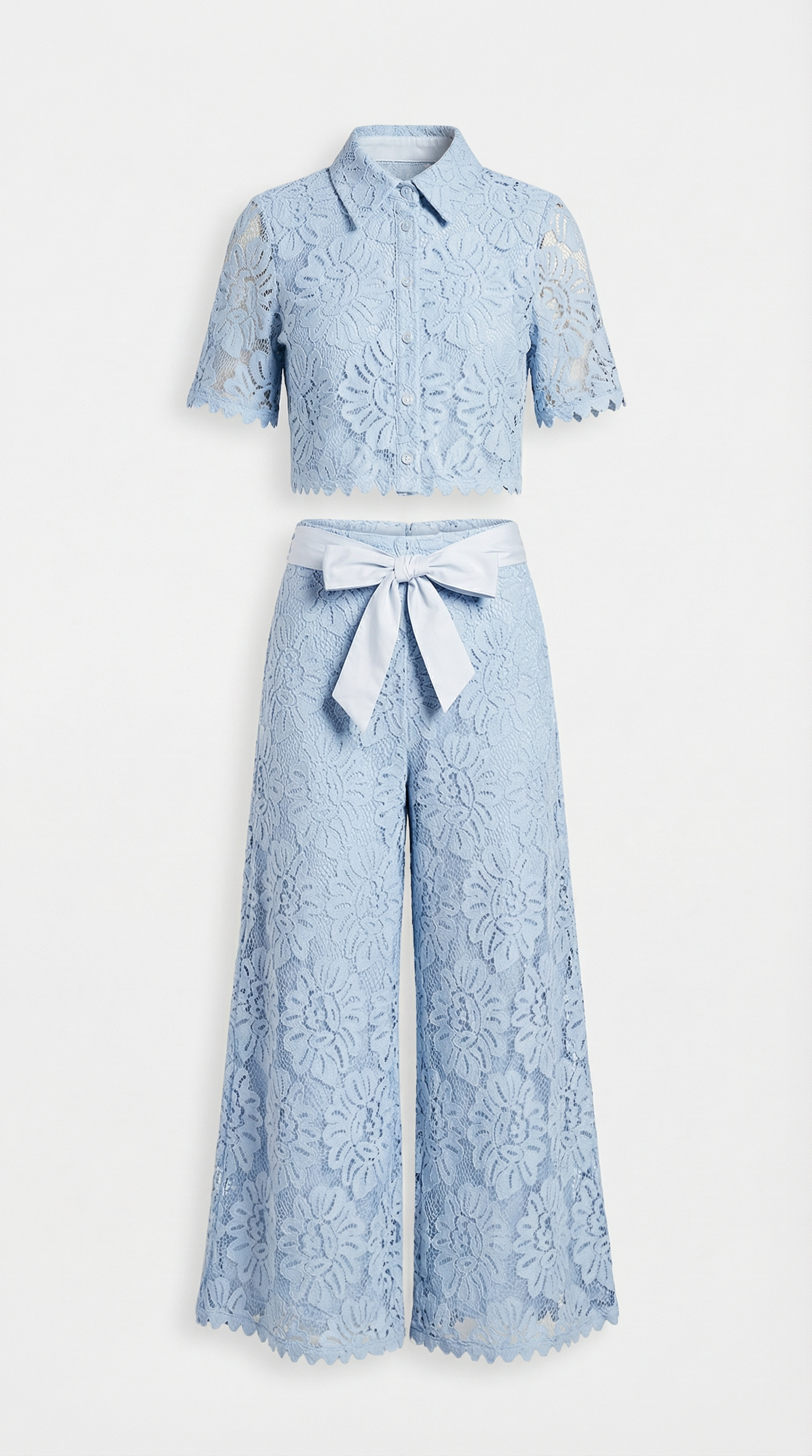 Ensemble Senti - Chemise Courte en Dentelle et Pantalon Large Bleu