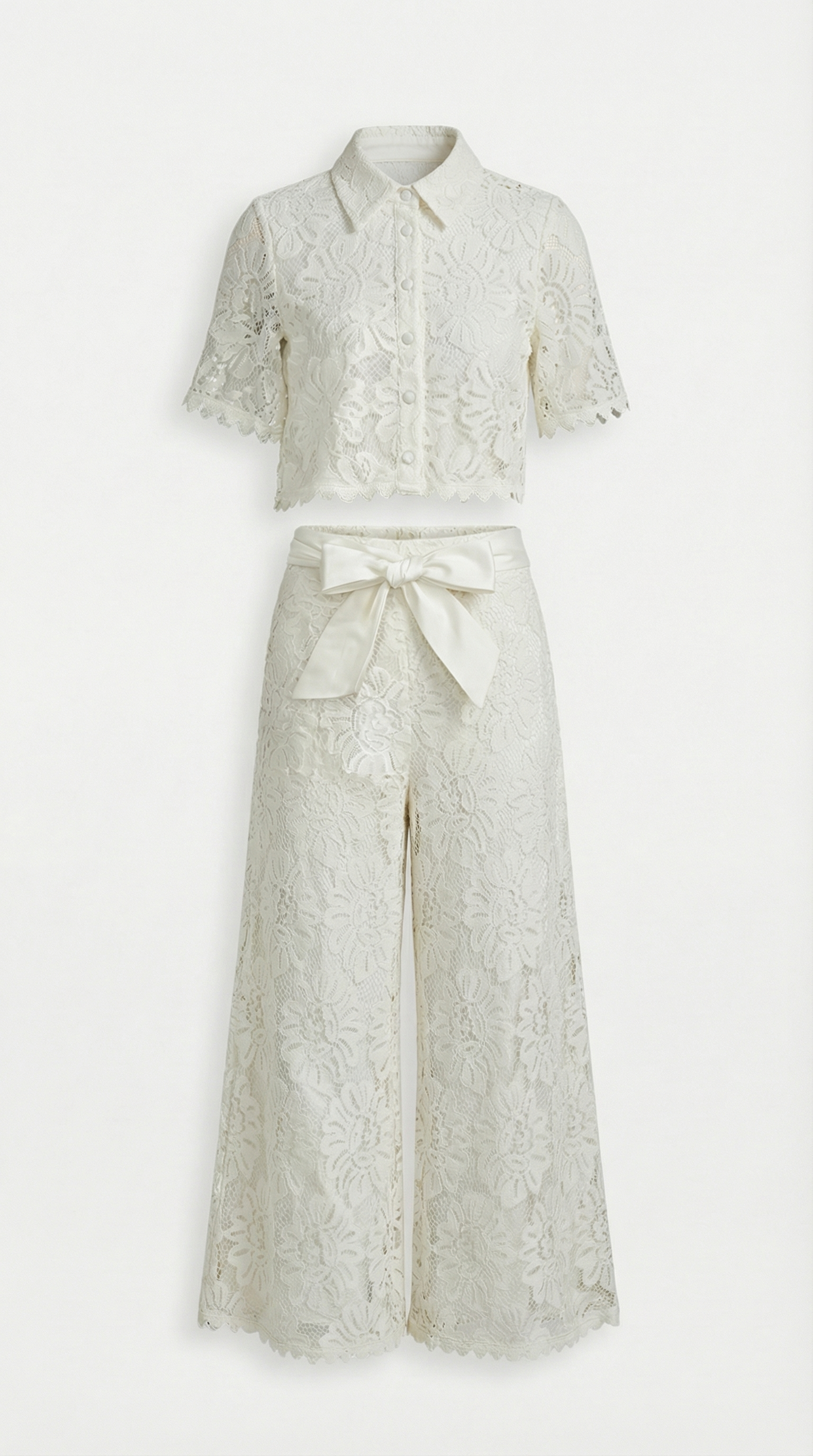 Senti - Conjunto de camisa corta de encaje y pantalón de pierna ancha blanco