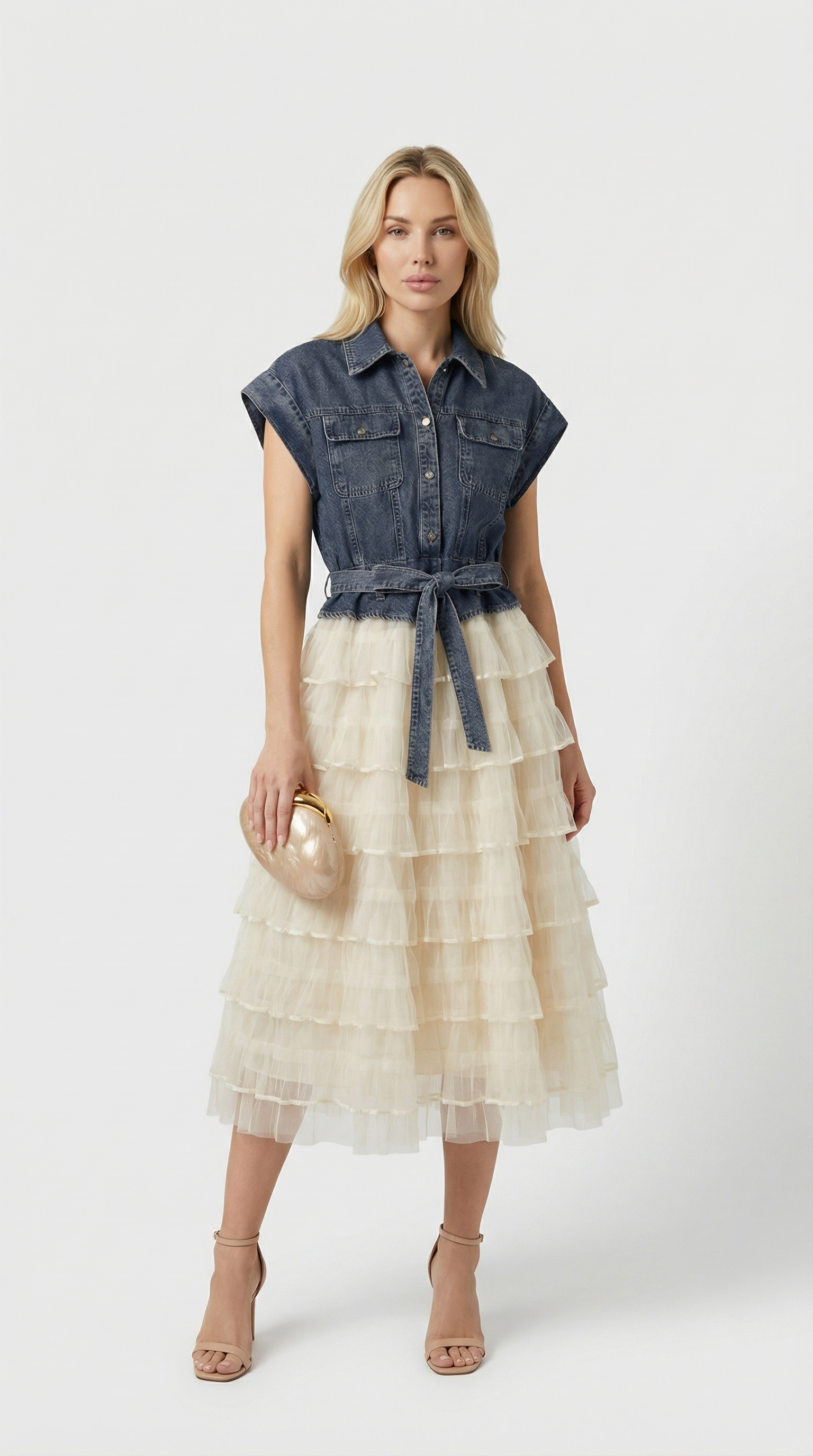 Eni - Spliced Denim & Tiered Tulle Midi