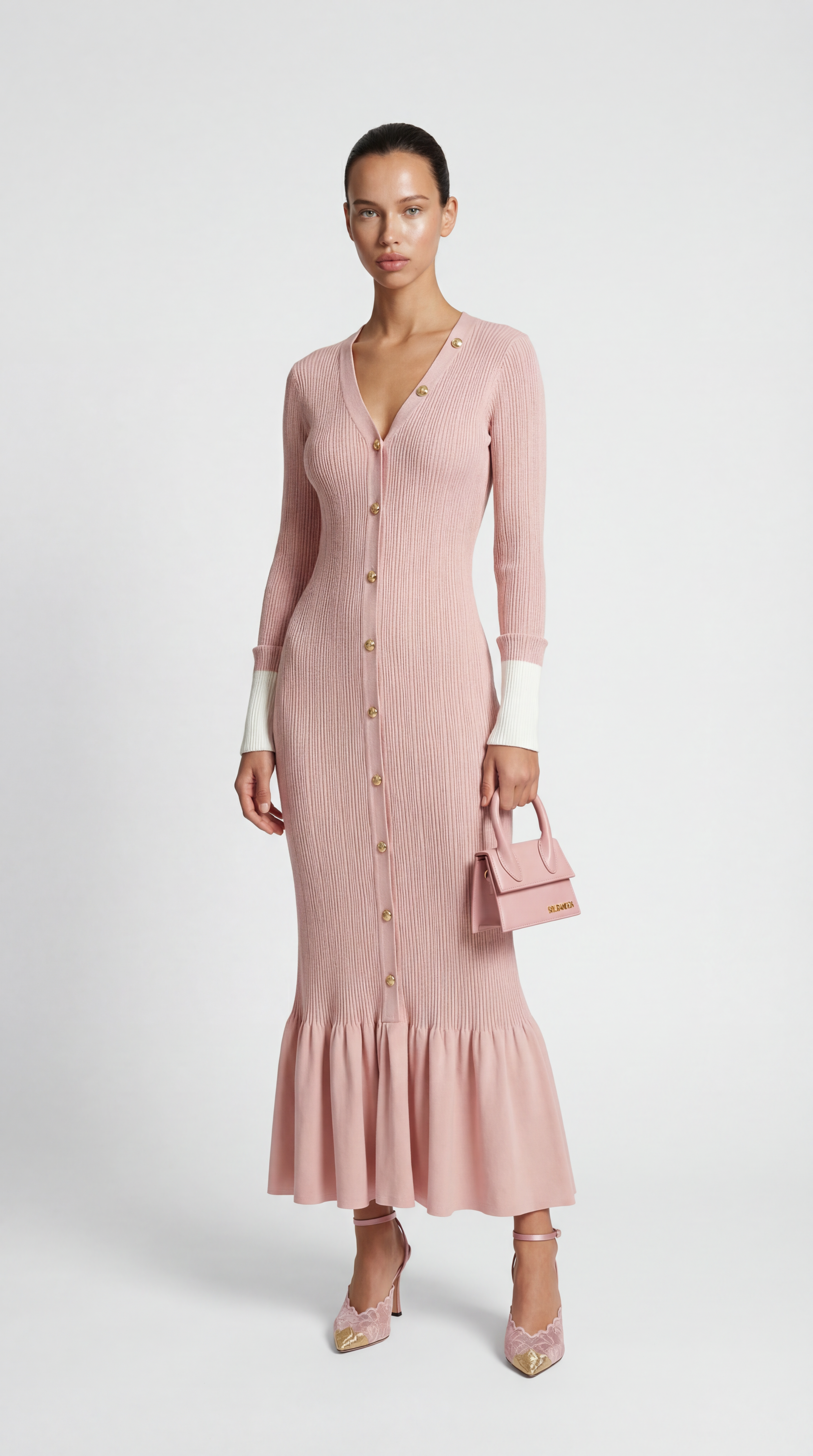 Yva - Fishtail Dress Women with Deep V Neck and Jewellery Buttons Pink