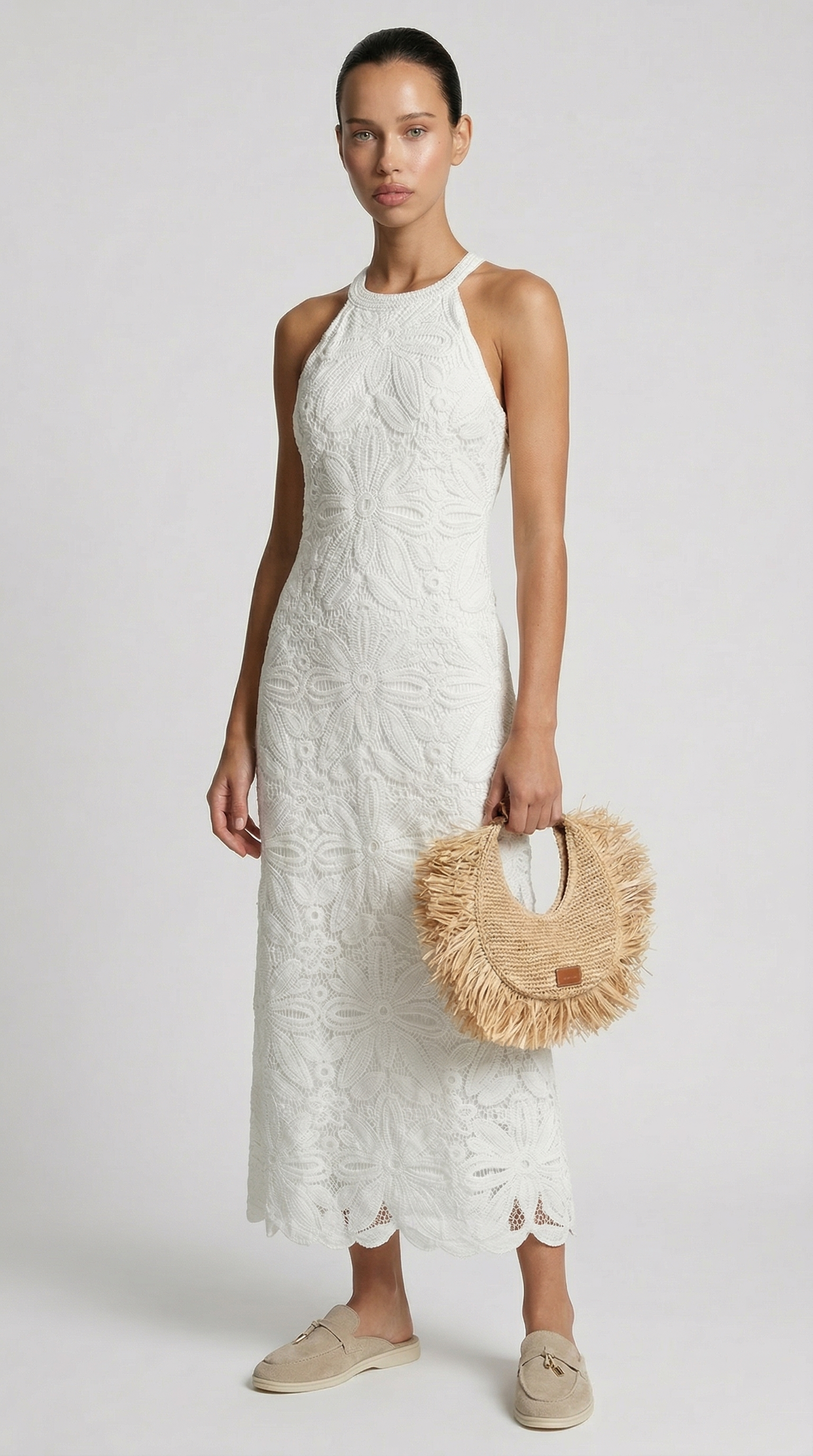 Nosa - Embroidered Halter-Neck Maxi Cotton Dress