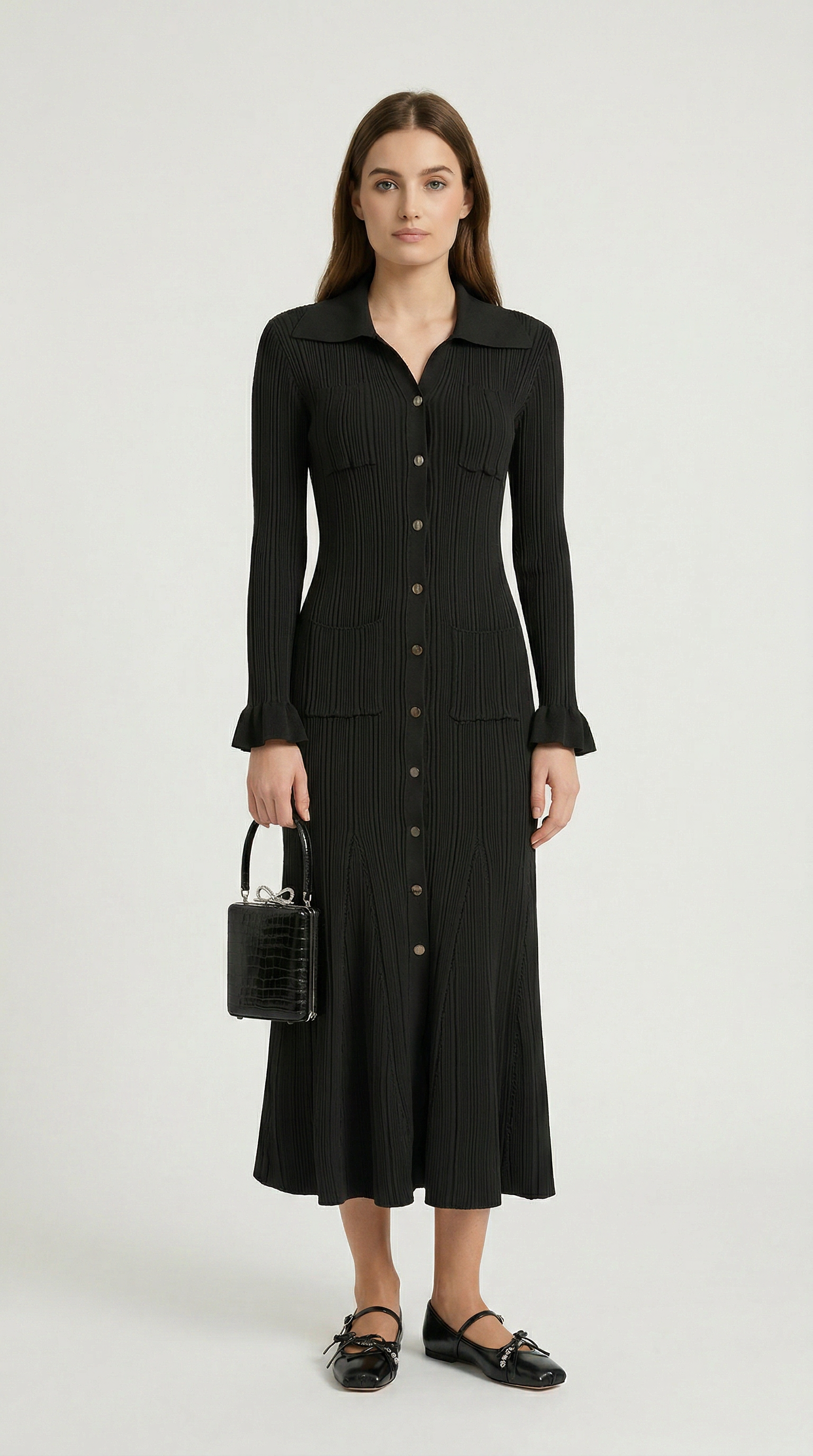 Kena - Ribbed Knit Button-Down Midi Dress Black