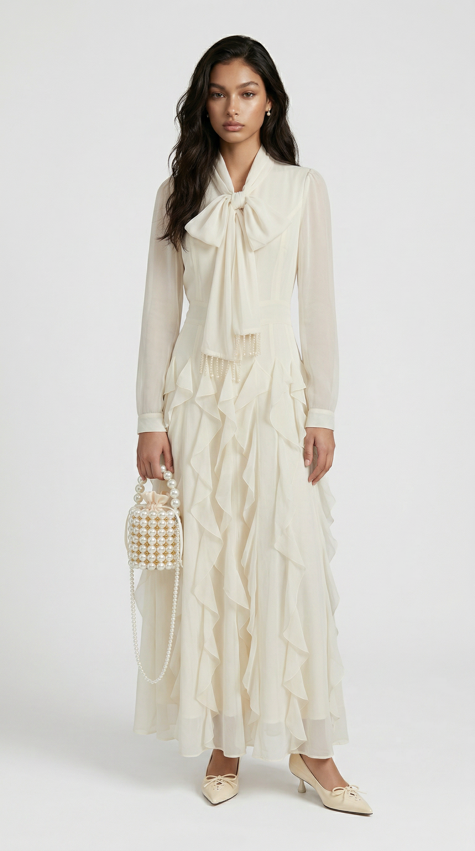 Zola - Tiered Ruffle Pussy-Bow Maxi Dress White