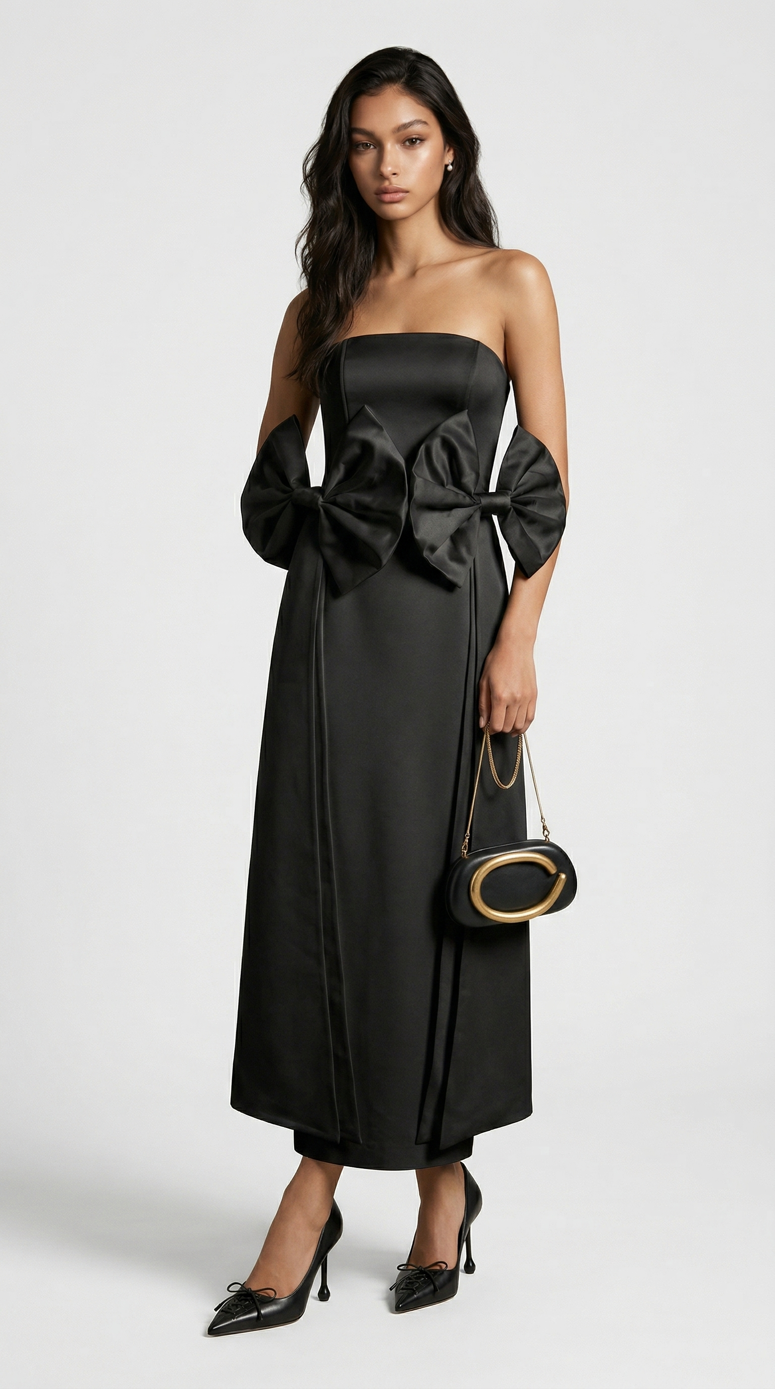 Keli - Triple-Bow Strapless Column Maxi Dress Black