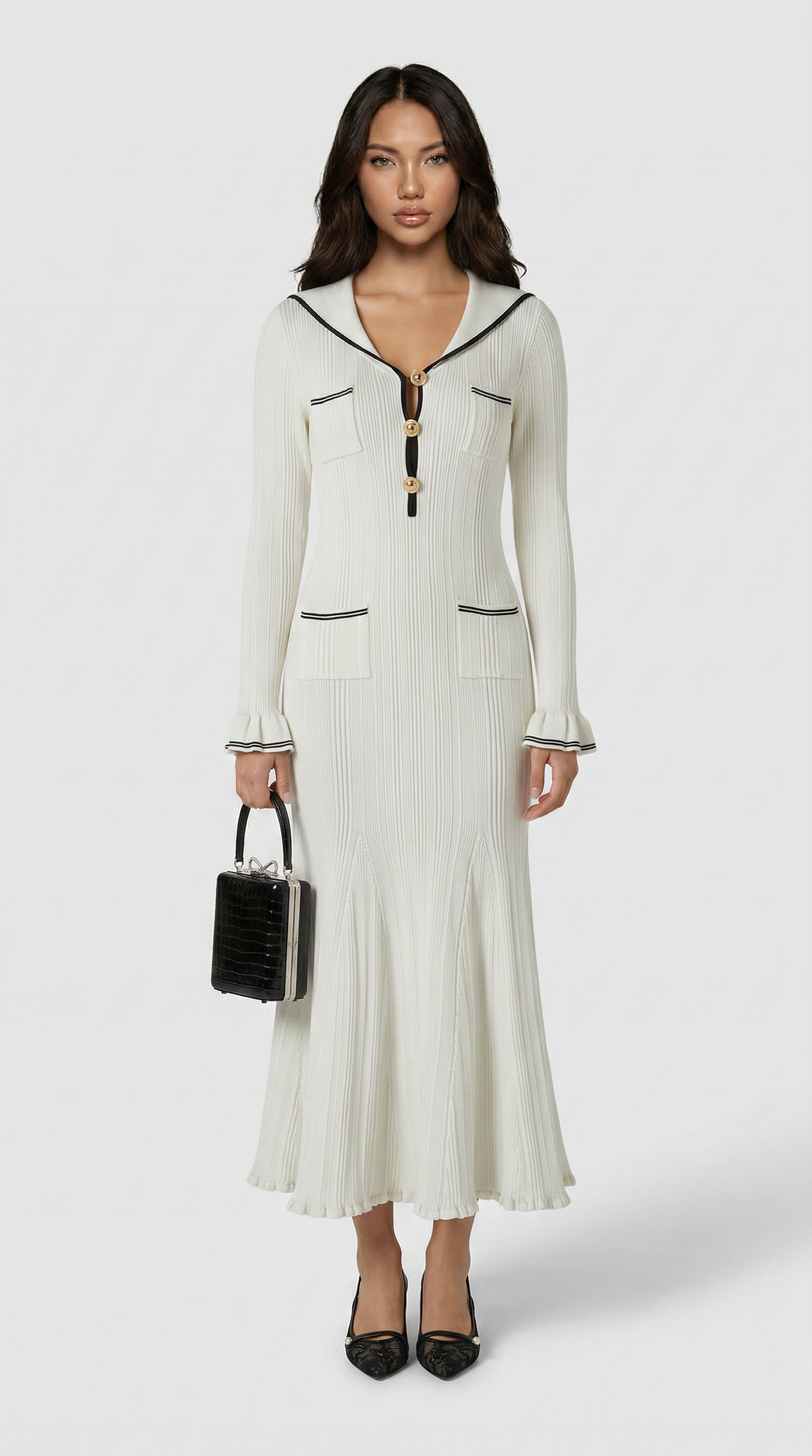 Lari - Ribbed Knit Sailor-Collar Maxi Dress White