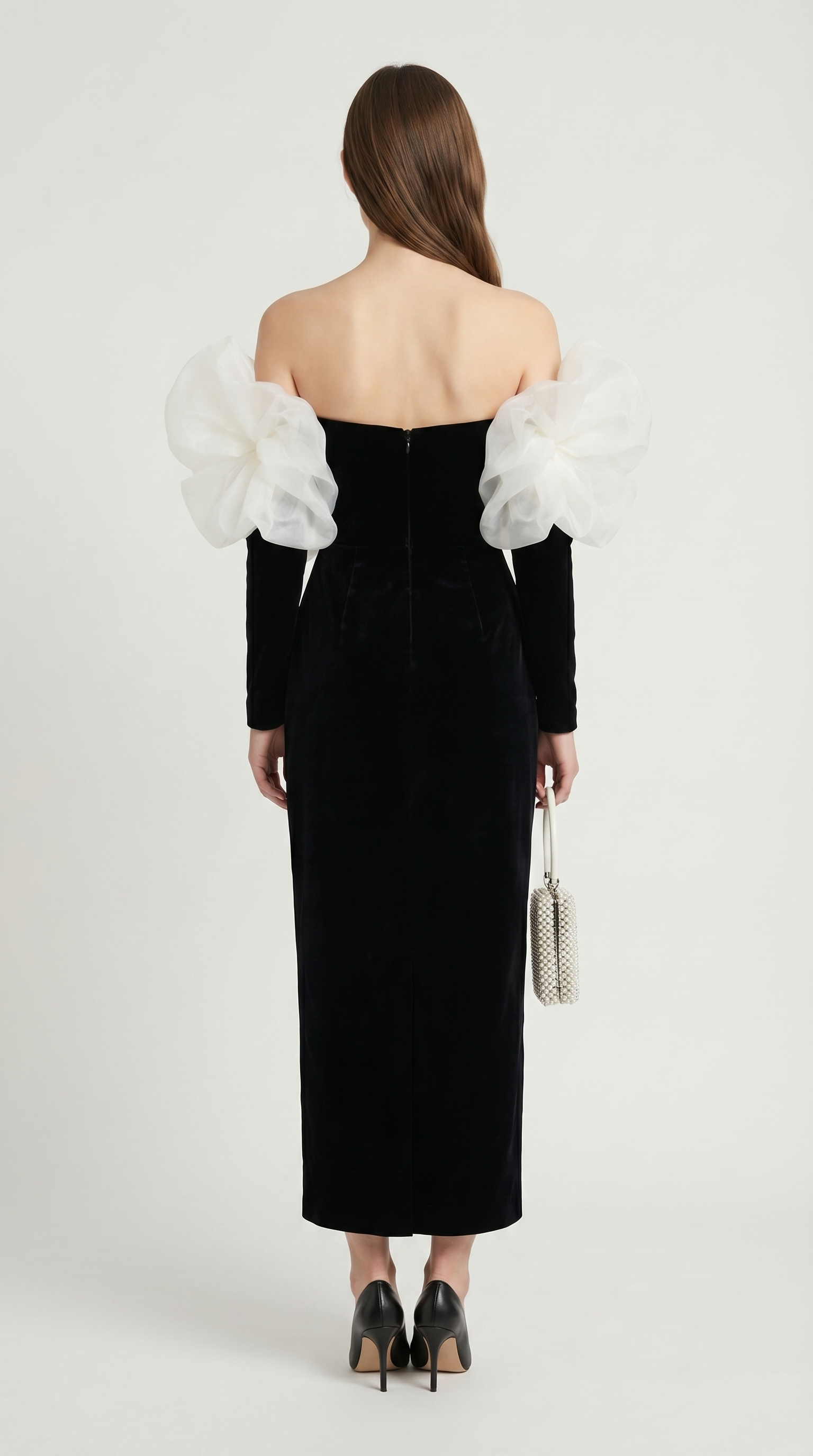 Druti - Puff-Sleeve Velvet Column Maxi Dress