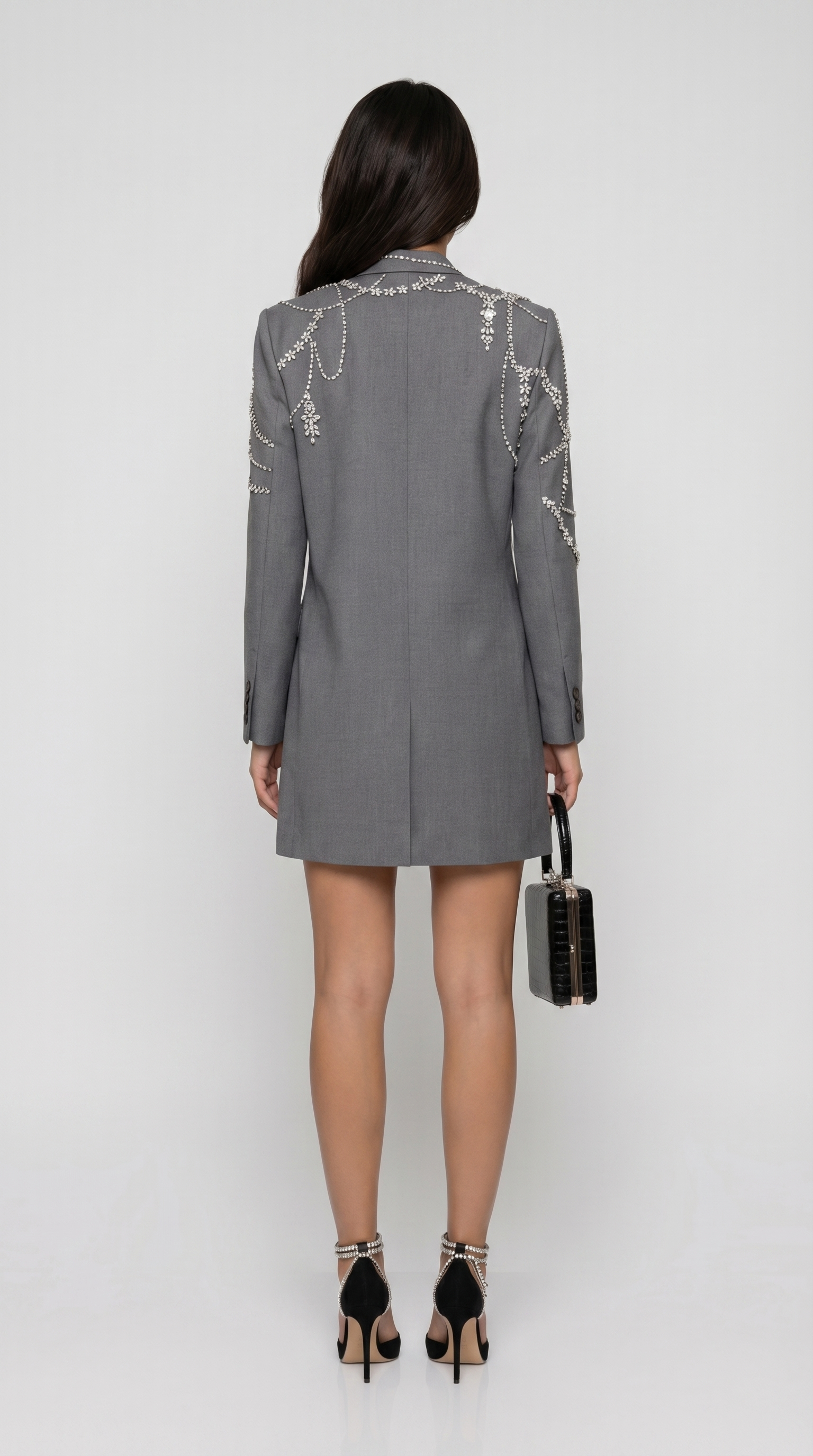 Veno - Crystal-Draped Double-Breasted Blazer Dress Grey