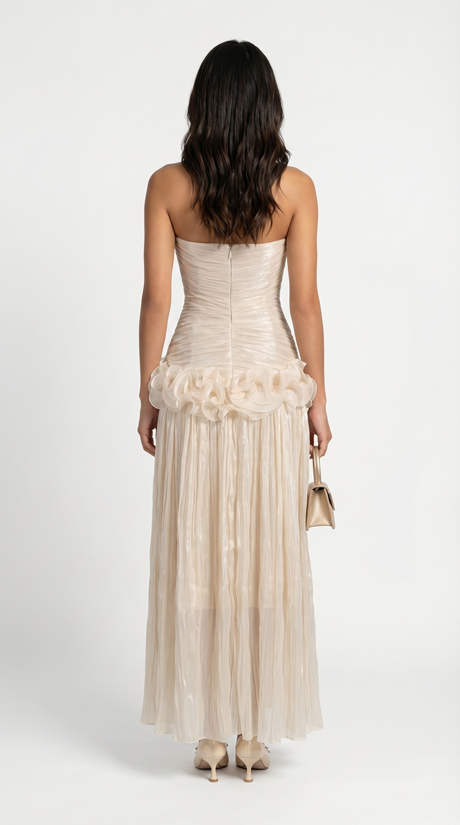 Miri - Metallic Pleated Strapless Maxi Dress Ivory
